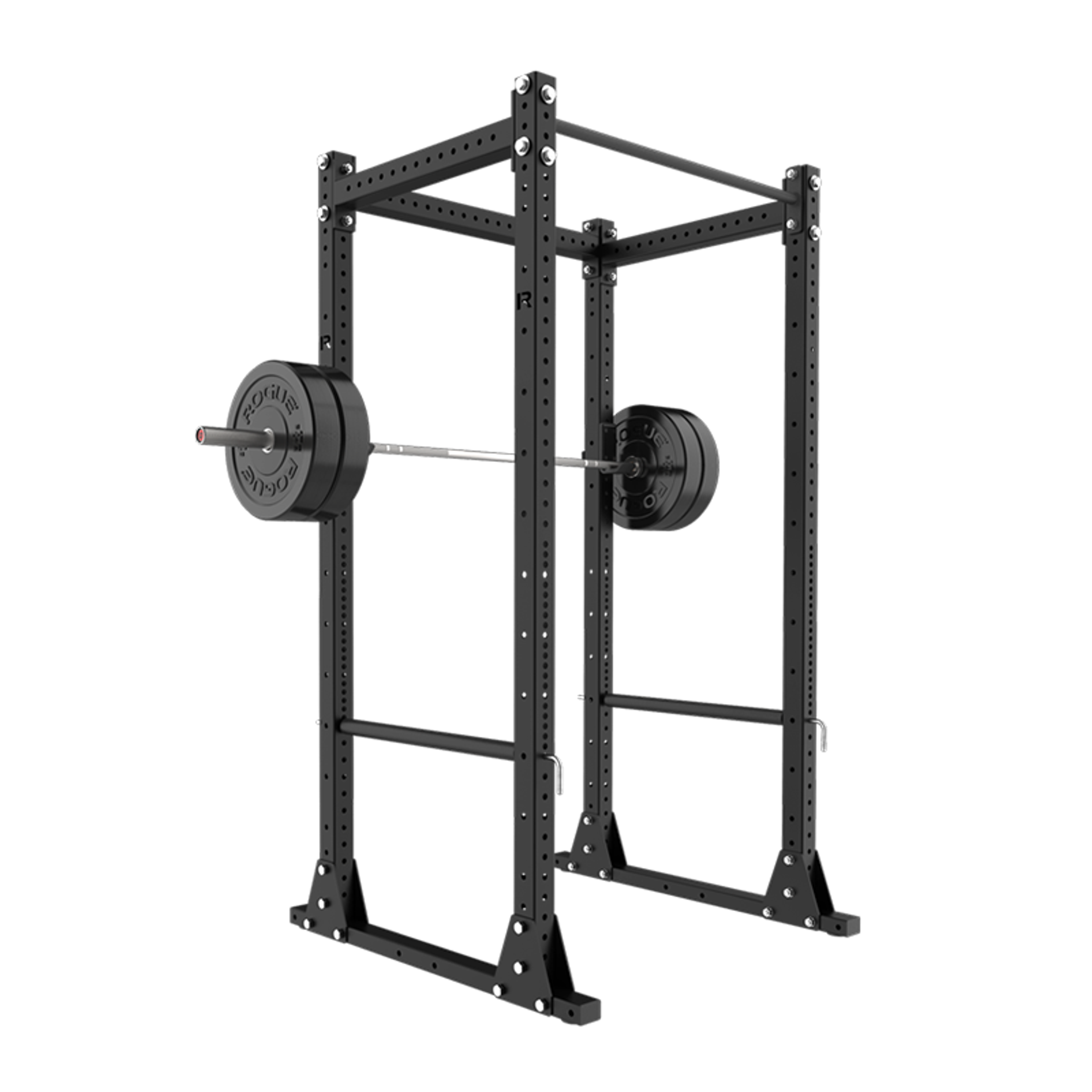 A black power rack with a barbell loaded with weight plates.