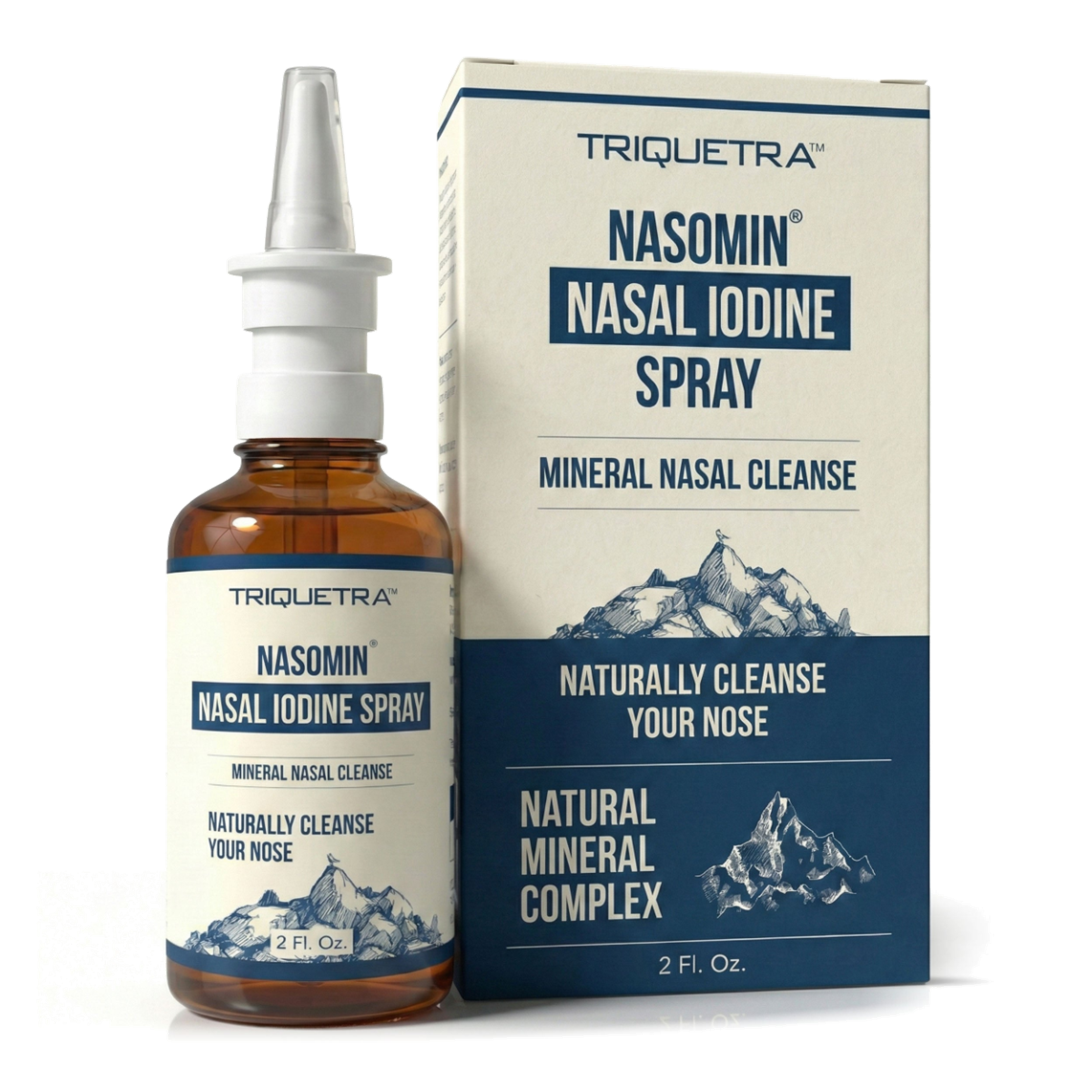 An amber bottle of Triquetra Nasomin Nasal Iodine Spray with a white sprayer top.