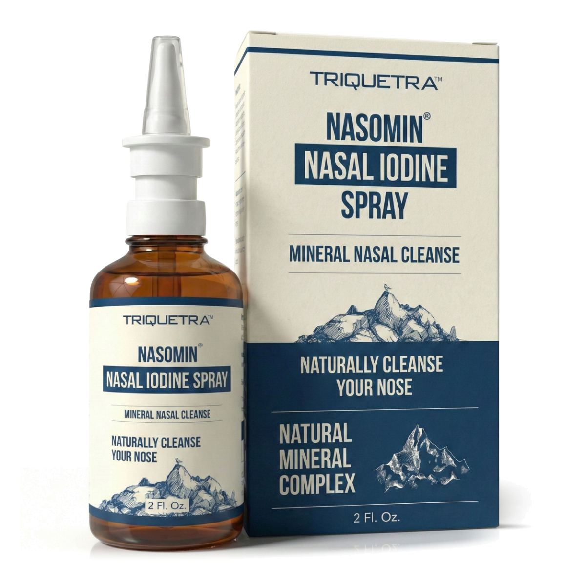 An amber bottle of Triquetra Nasomin Nasal Iodine Spray with a white sprayer top.