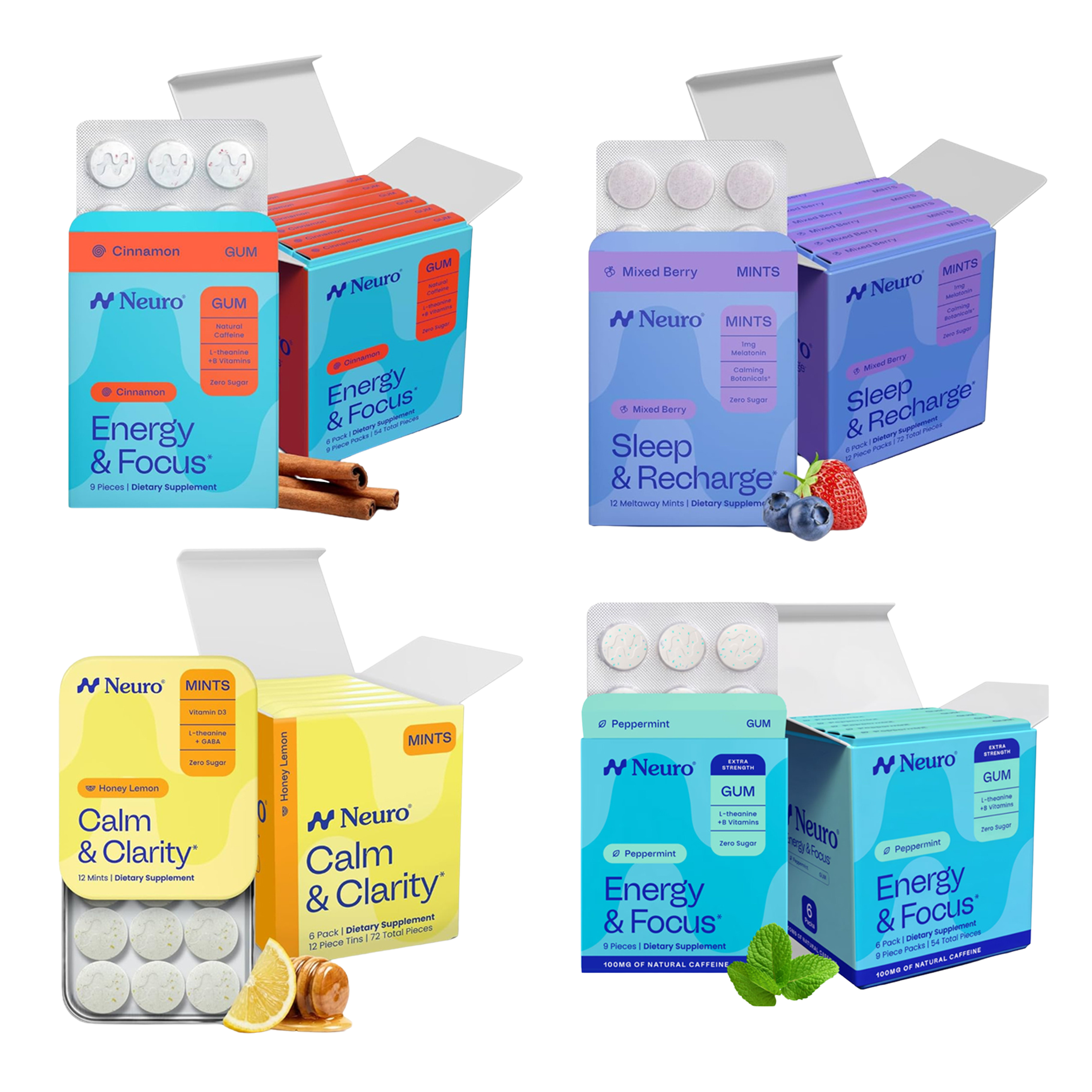 Four Neuro supplement products: Cinnamon Energy & Focus Gum, Mixed Berry Sleep & Recharge Mints, Honey Lemon Calm & Clarity Mints, and Peppermint Energy & Focus Gum, each with flavor ingredients.