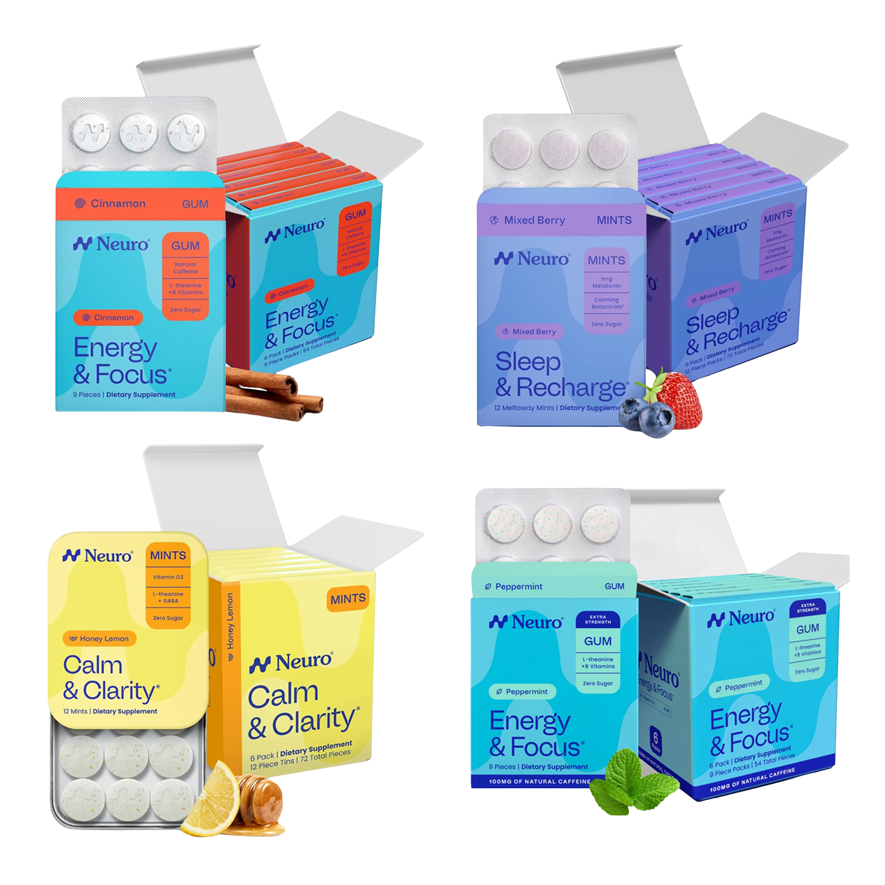 Four Neuro supplement products: Cinnamon Energy & Focus Gum, Mixed Berry Sleep & Recharge Mints, Honey Lemon Calm & Clarity Mints, and Peppermint Energy & Focus Gum, each with flavor ingredients.