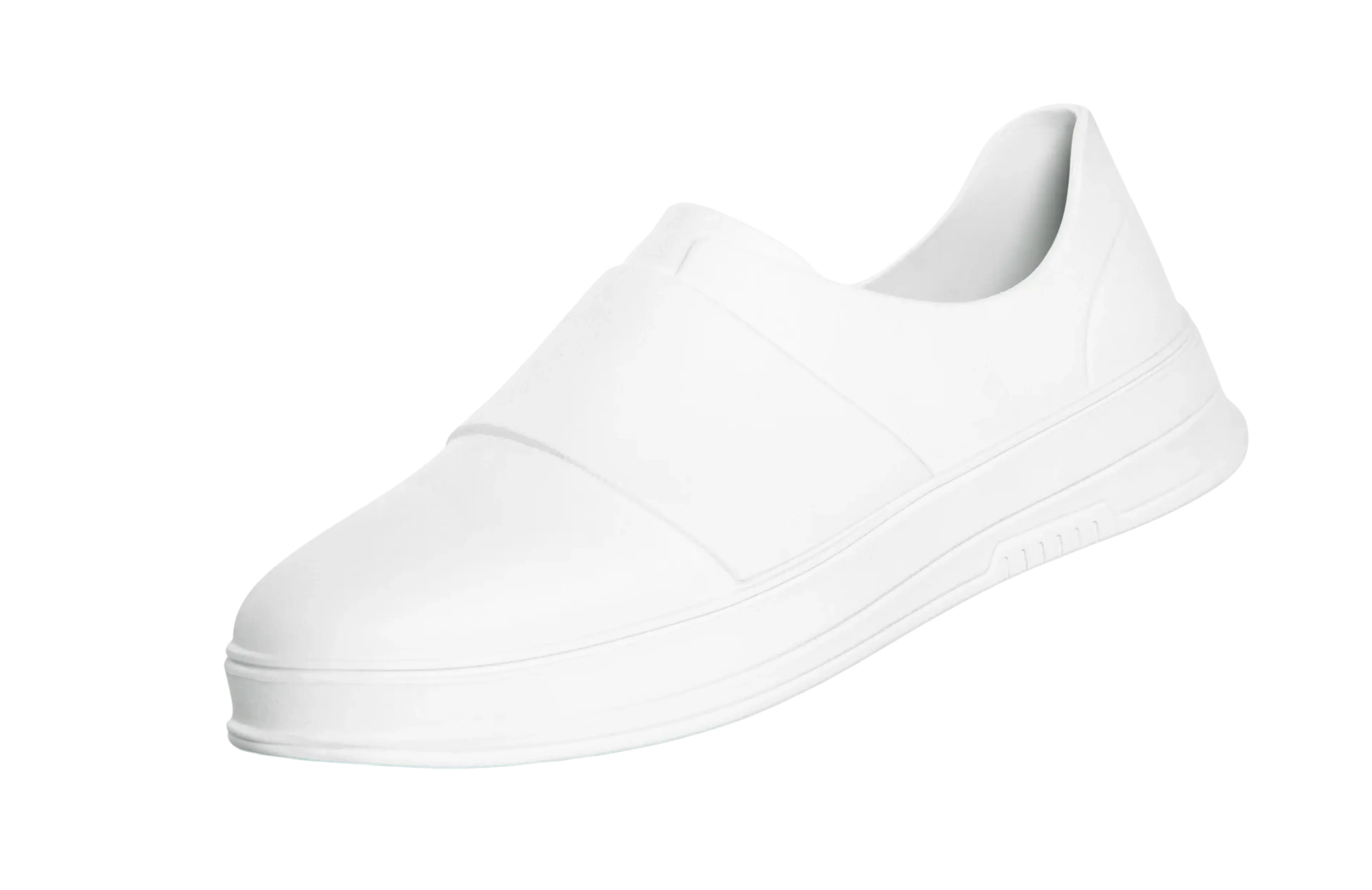 A white slip-on shoe with a wide band across the instep.