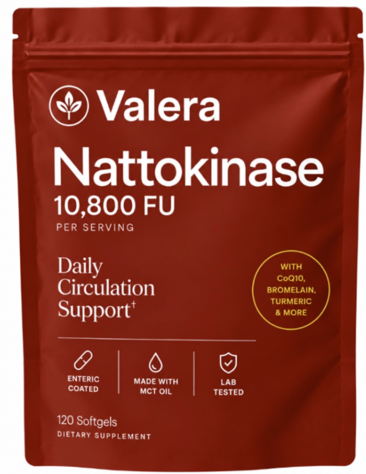 Valera Nattokinase 10,800 FU Daily Circulation Support dietary supplement in a red pouch, featuring CoQ10, Bromelain, and Turmeric.