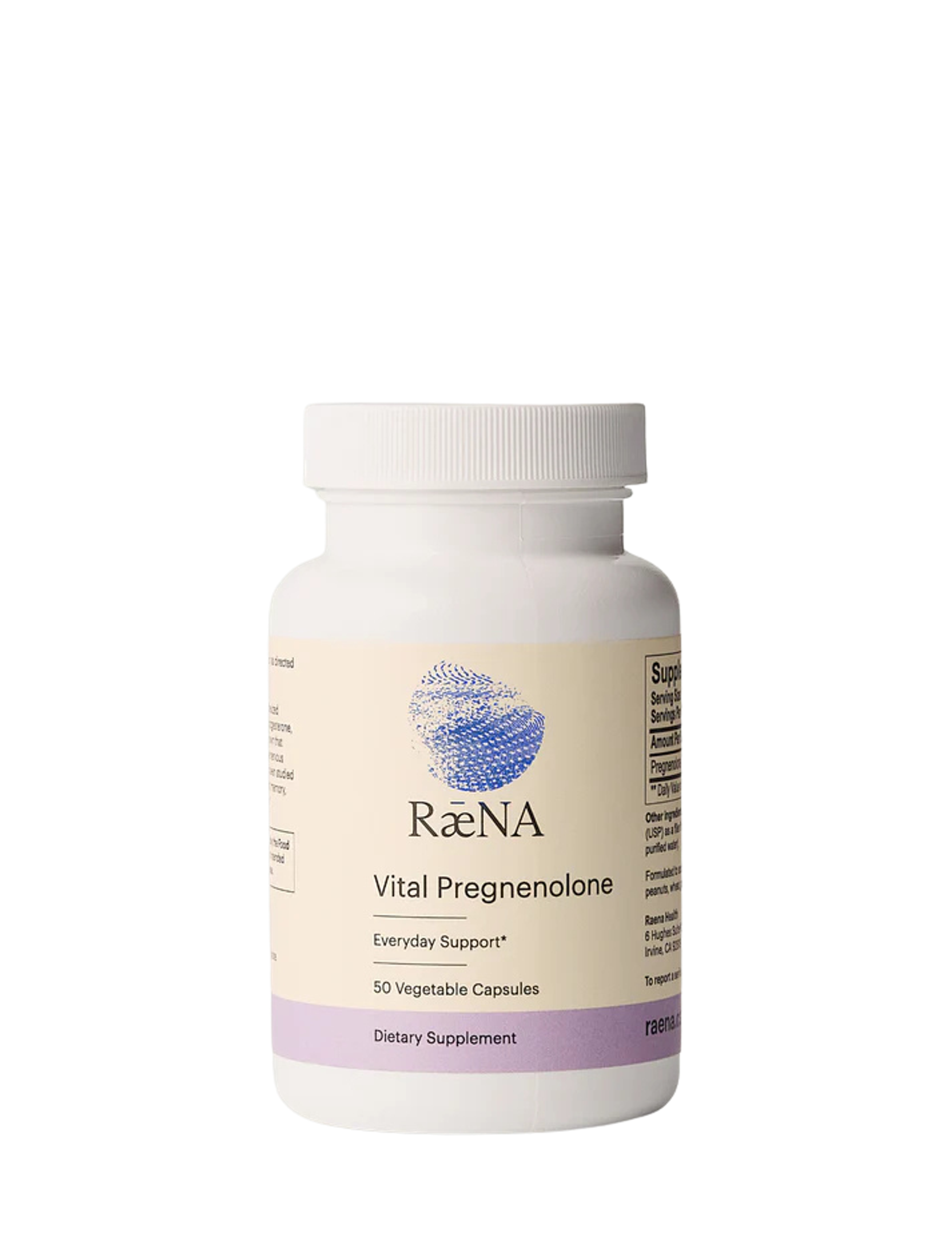 A white RæNA Vital Pregnenolone dietary supplement bottle with 50 vegetable capsules.
