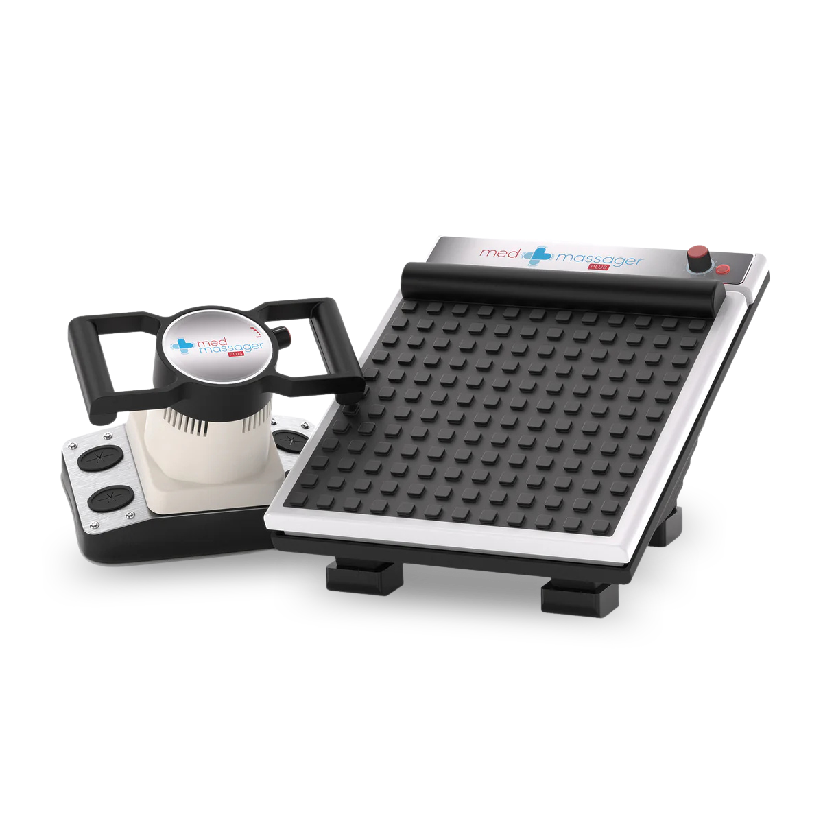 Two MedMassager devices: a white and black handheld unit with handles, and an angled foot massager with a textured black surface.