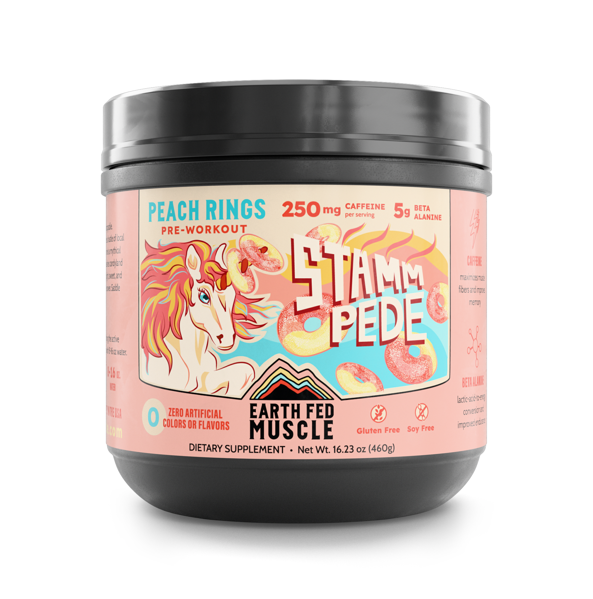 Container of Stammpede Peach Ring preworkout, 44 oz size