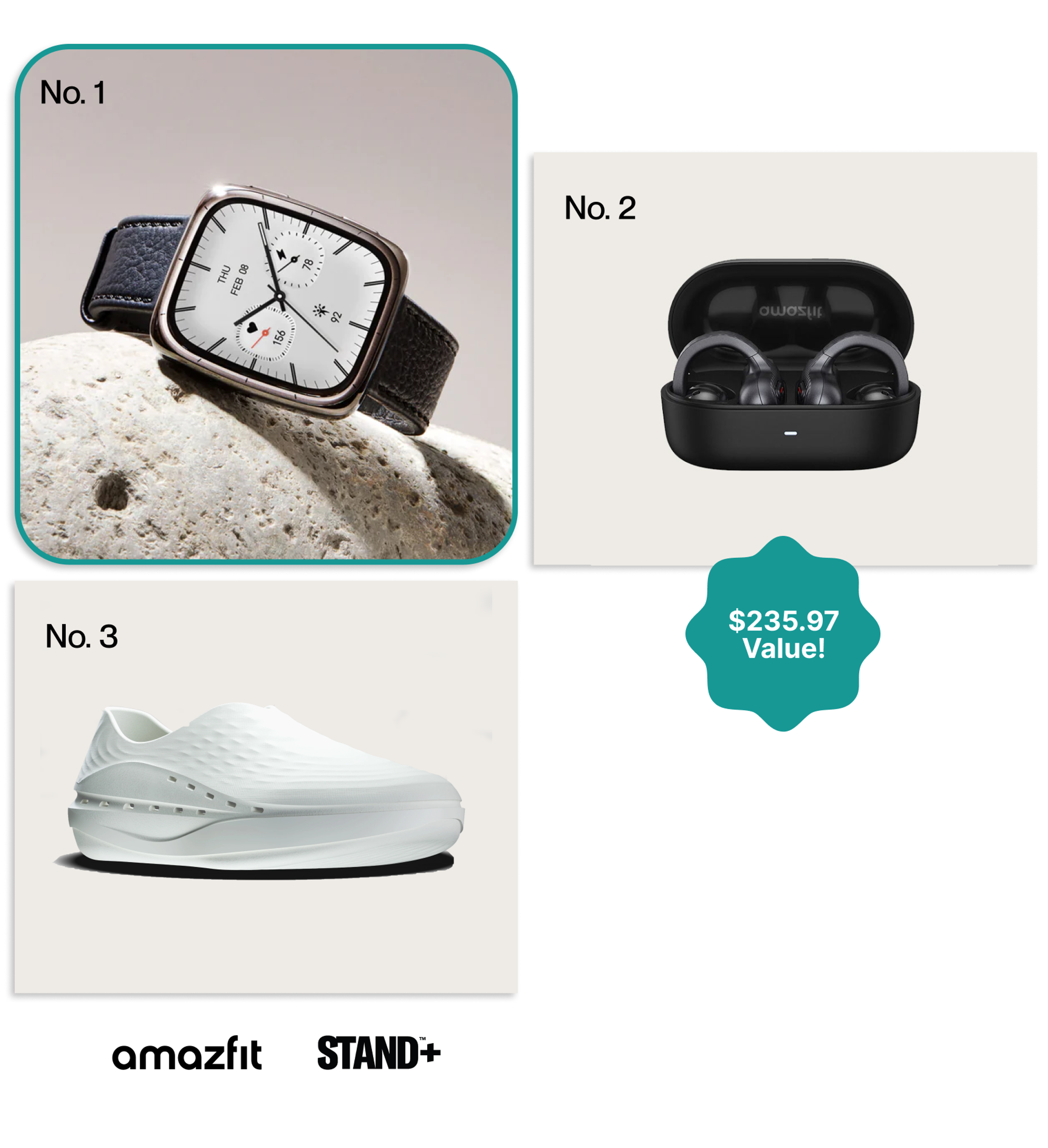 No.1: Amazfit Active 2 Square Premium, No.2: Amazfit Up Earbuds, No. 3: Stand+ Shoes
