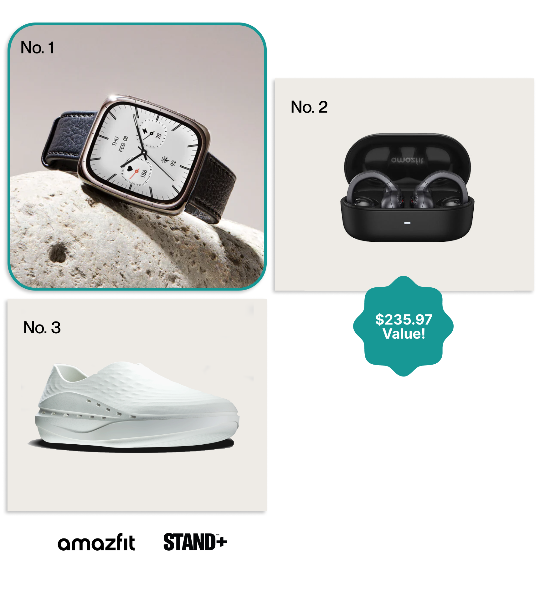 No.1: Amazfit Active 2 Square Premium, No.2: Amazfit Up Earbuds, No. 3: Stand+ Shoes