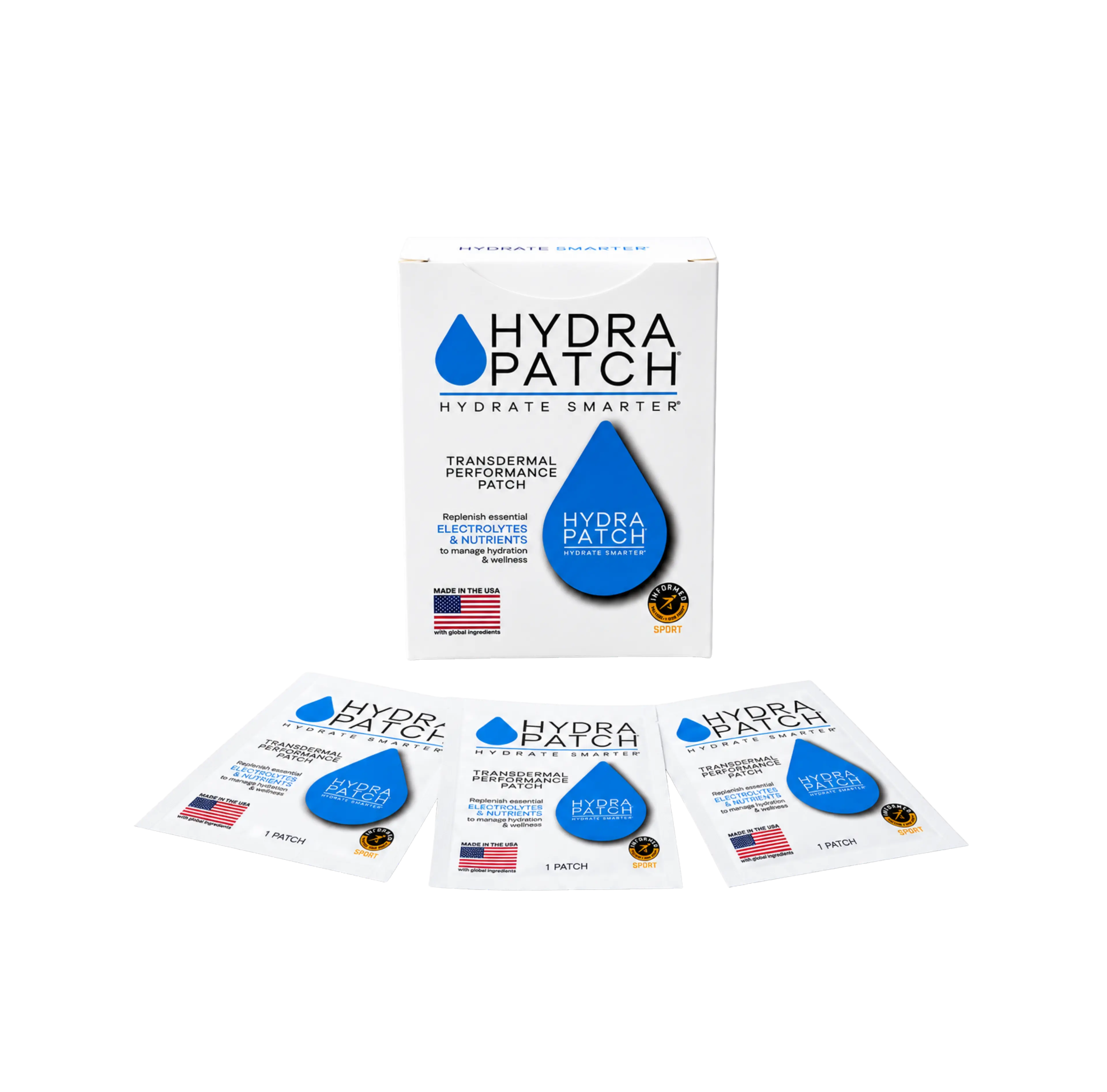 A white box of Hydra Patch transdermal performance patches with four individual blue and white patch packets fanned out.