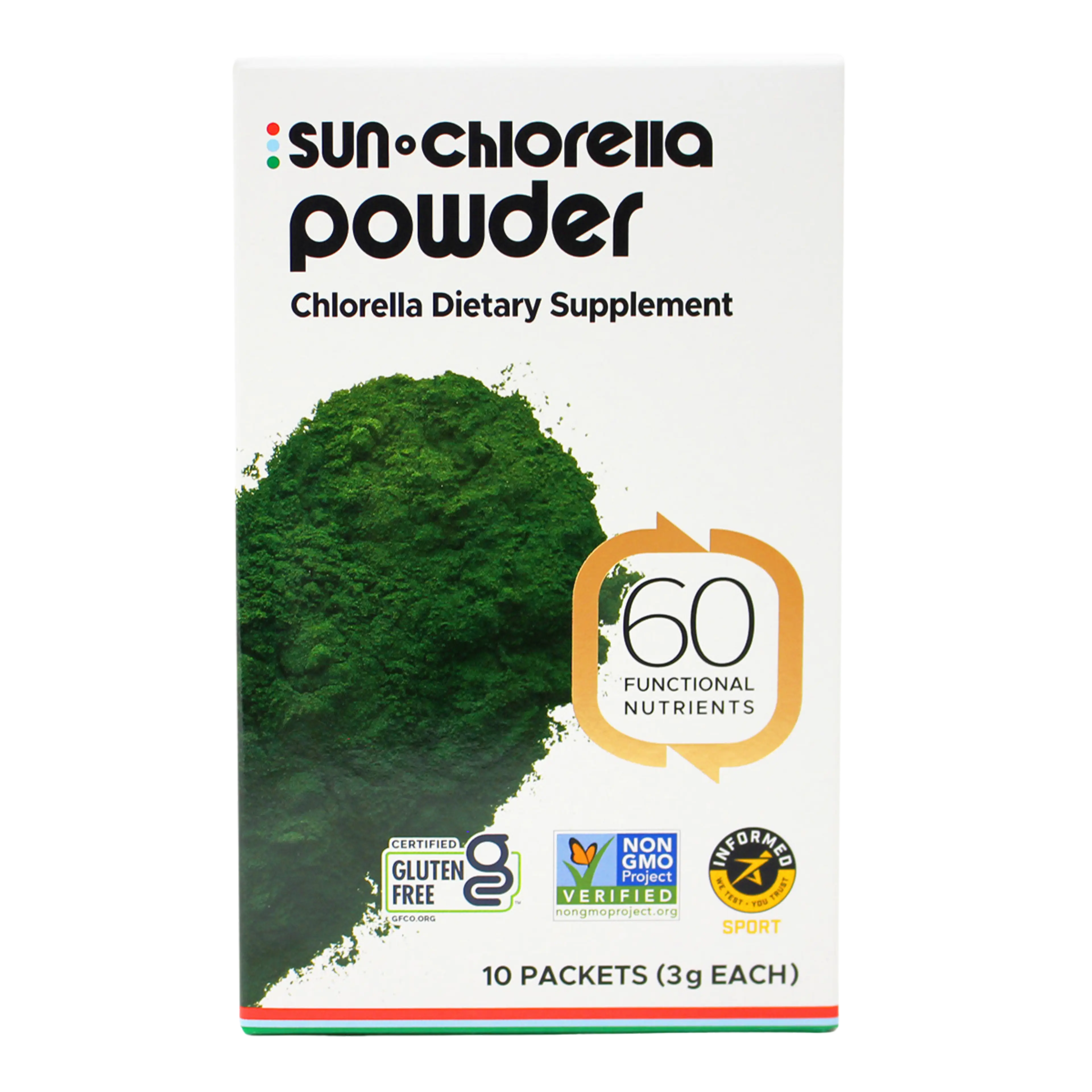 White box of Sun Chlorella Powder dietary supplement, showing green powder, 60 functional nutrients, and 10 packets.