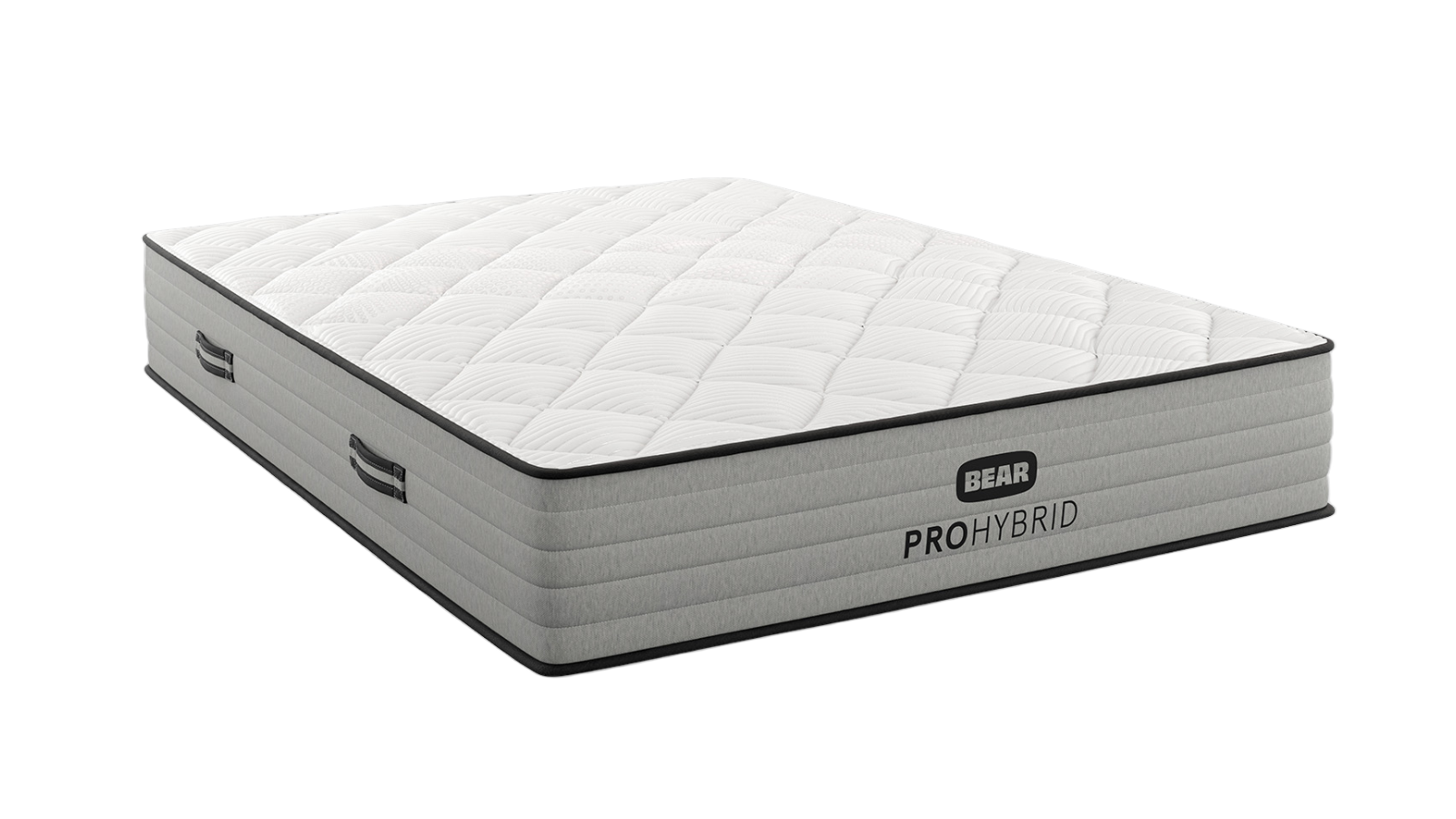 A white quilted Bear PROHYBRID mattress with gray sides and black piping, shown at an angle.