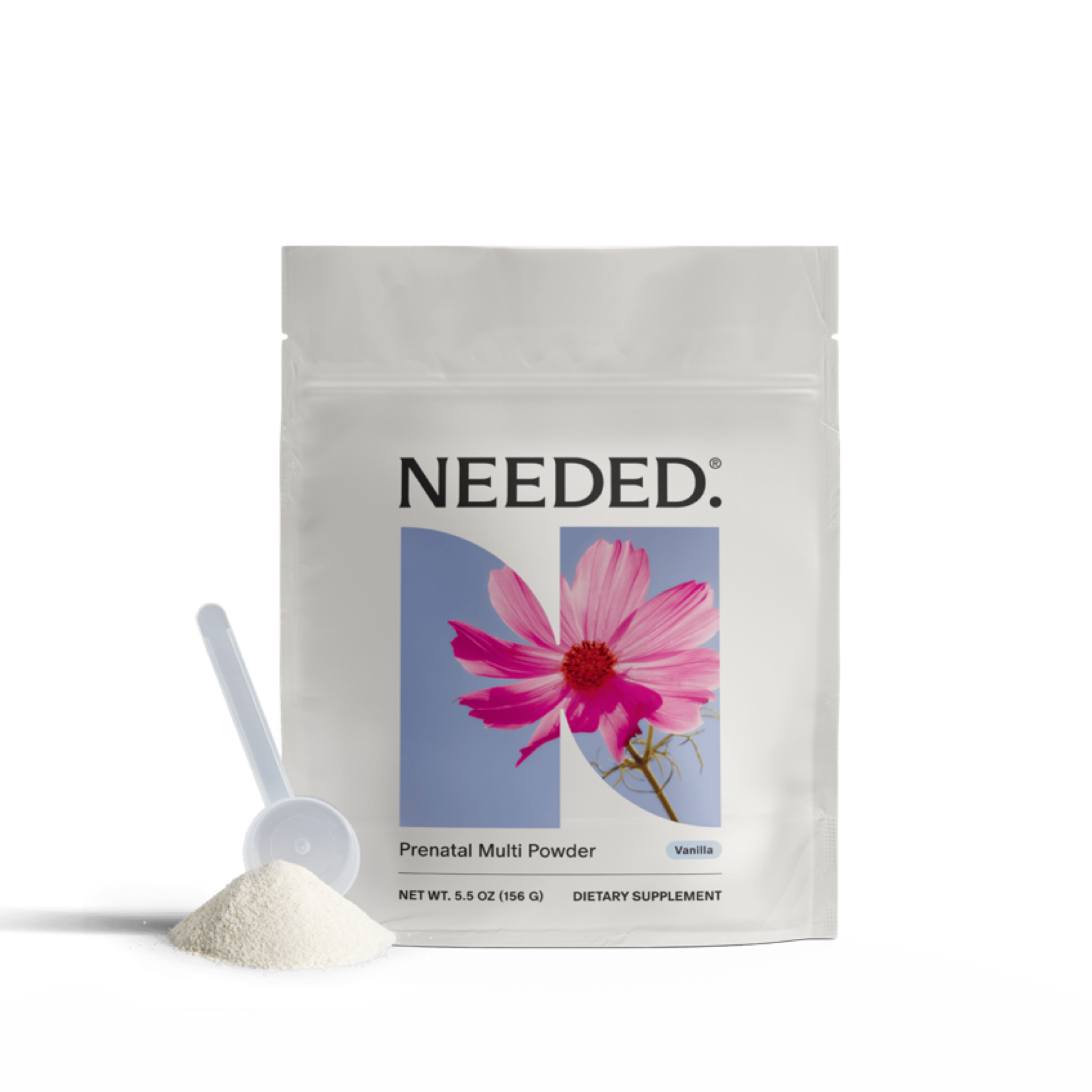 White pouch of NEEDED Prenatal Multi Powder Vanilla, with a white scoop and a pile of powder beside it.