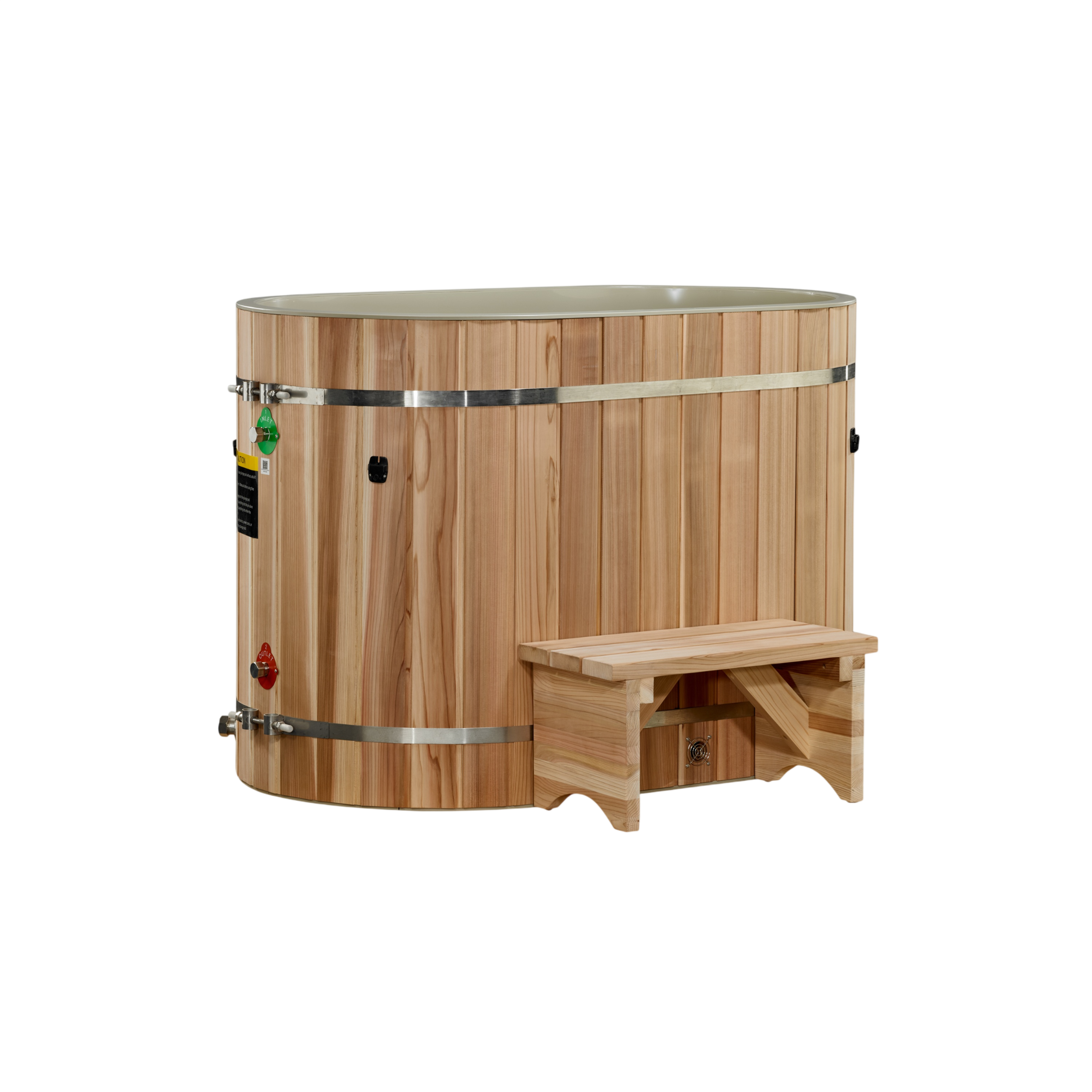 A wooden soaking tub with metal bands and an attached wooden step.