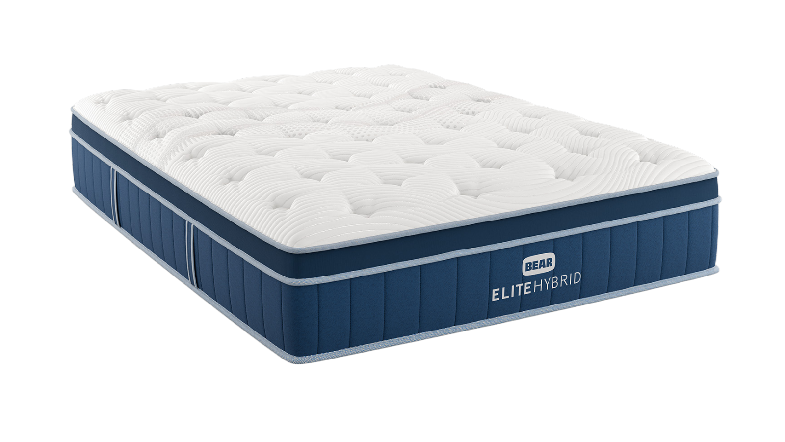 White and blue Bear Elite Hybrid mattress with quilted top and piped edges.