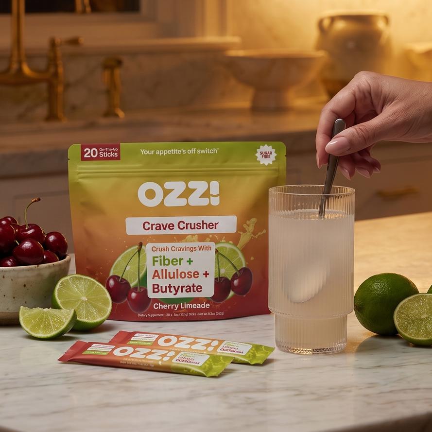 A hand stirs a glass of OZZ! Crave Crusher Cherry Limeade, surrounded by product packaging, fresh cherries, and limes on a kitchen counter.