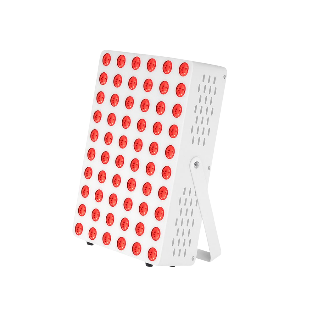 White red light therapy panel with many red LEDs and a stand.