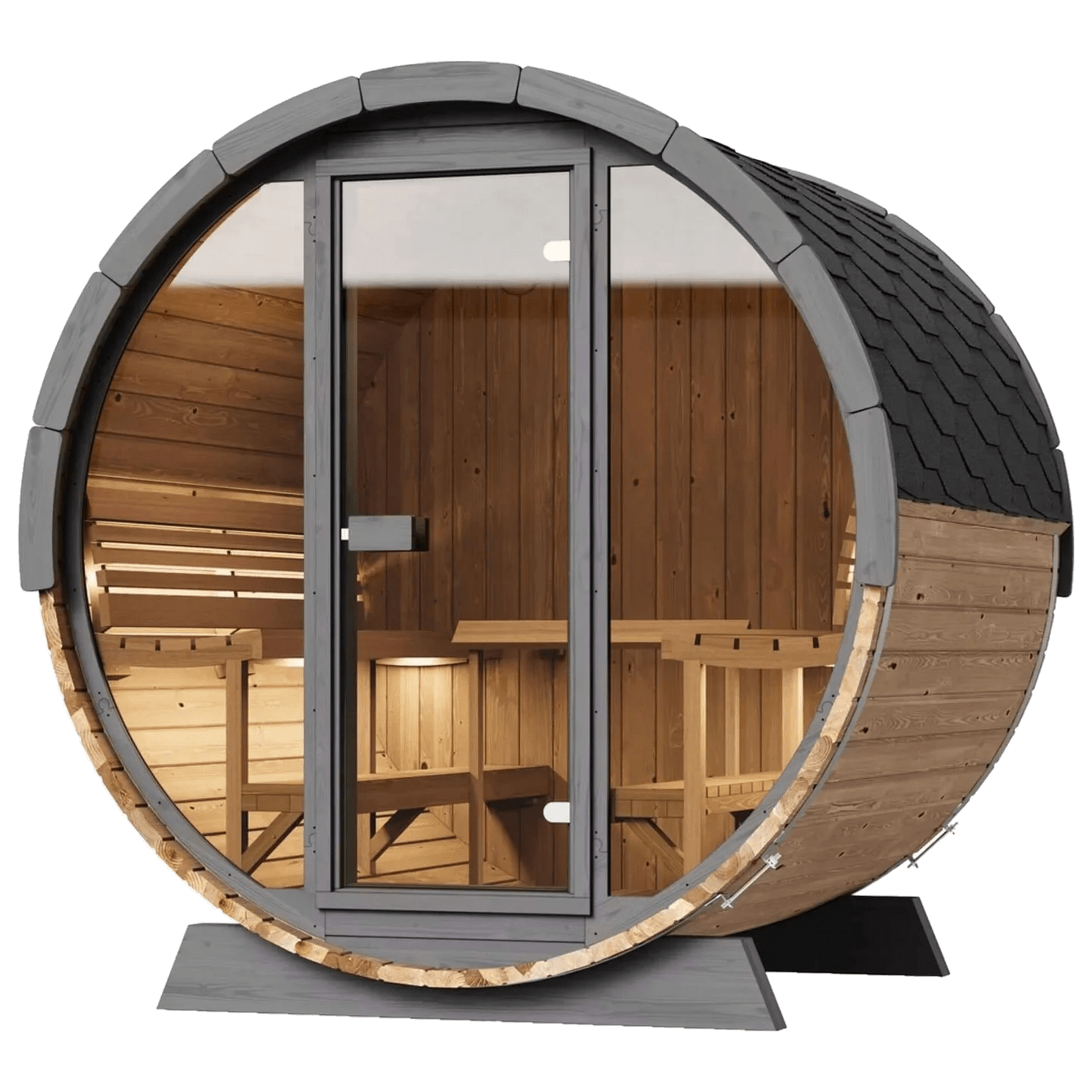 Barrel-shaped wooden outdoor sauna with a glass door and shingled roof.