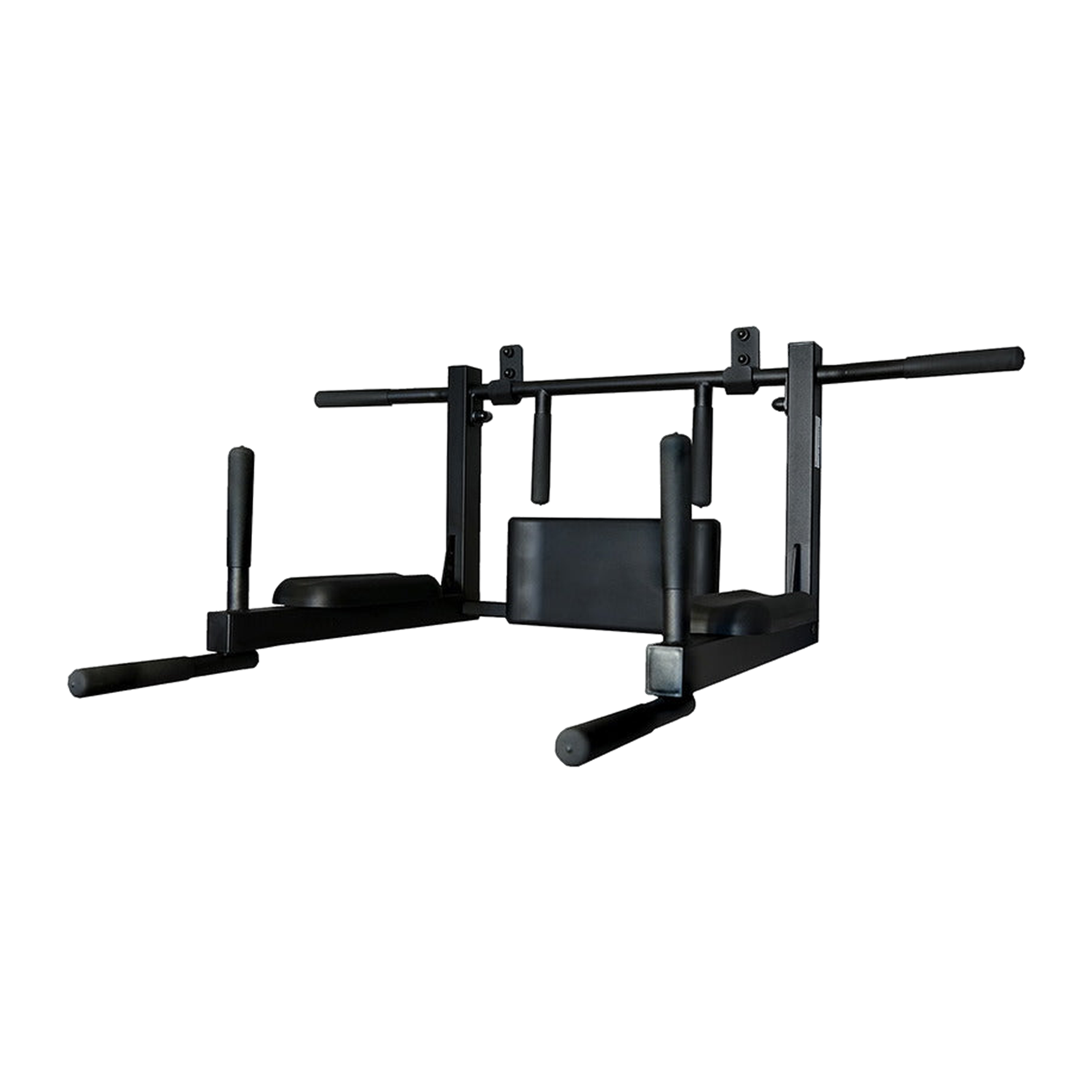 A black wall-mounted multi-station home gym for pull-ups, dips, and leg raises.