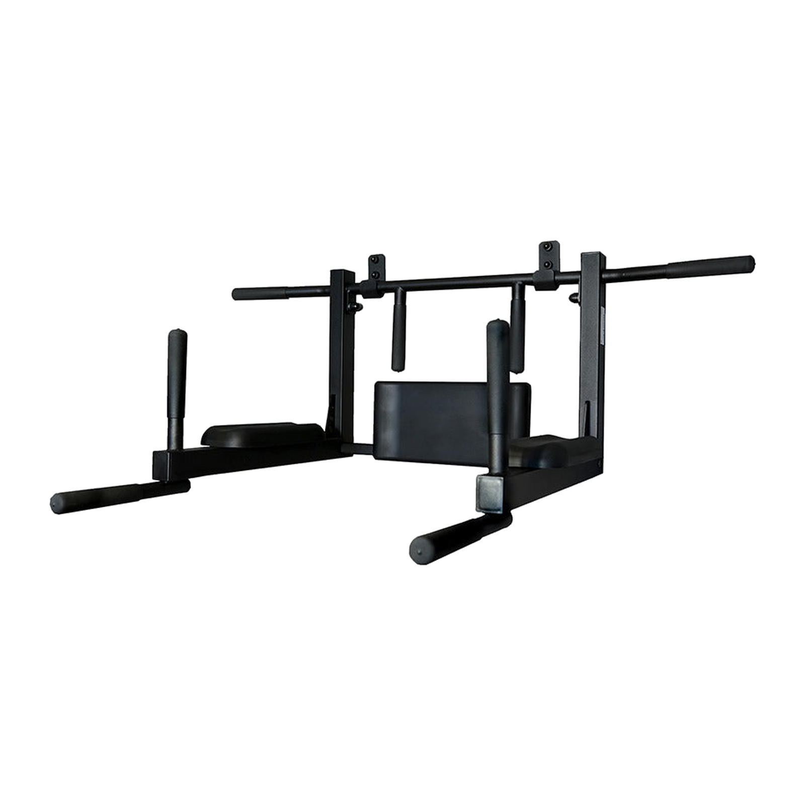 A black wall-mounted multi-station home gym for pull-ups, dips, and leg raises.