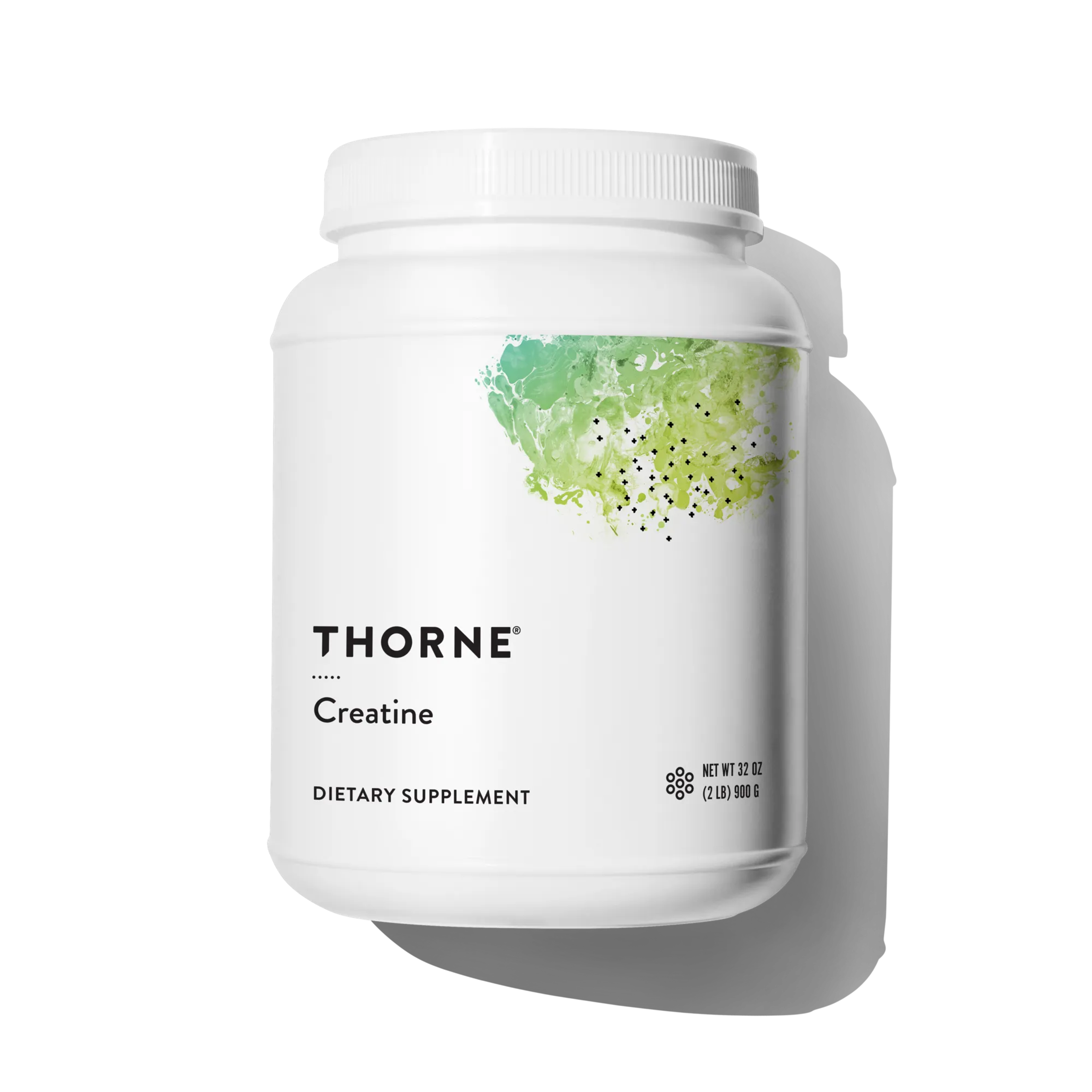 White tub of Thorne Creatine dietary supplement.