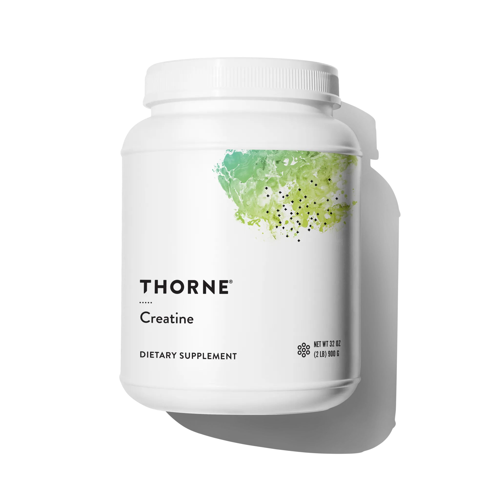 White tub of Thorne Creatine dietary supplement.