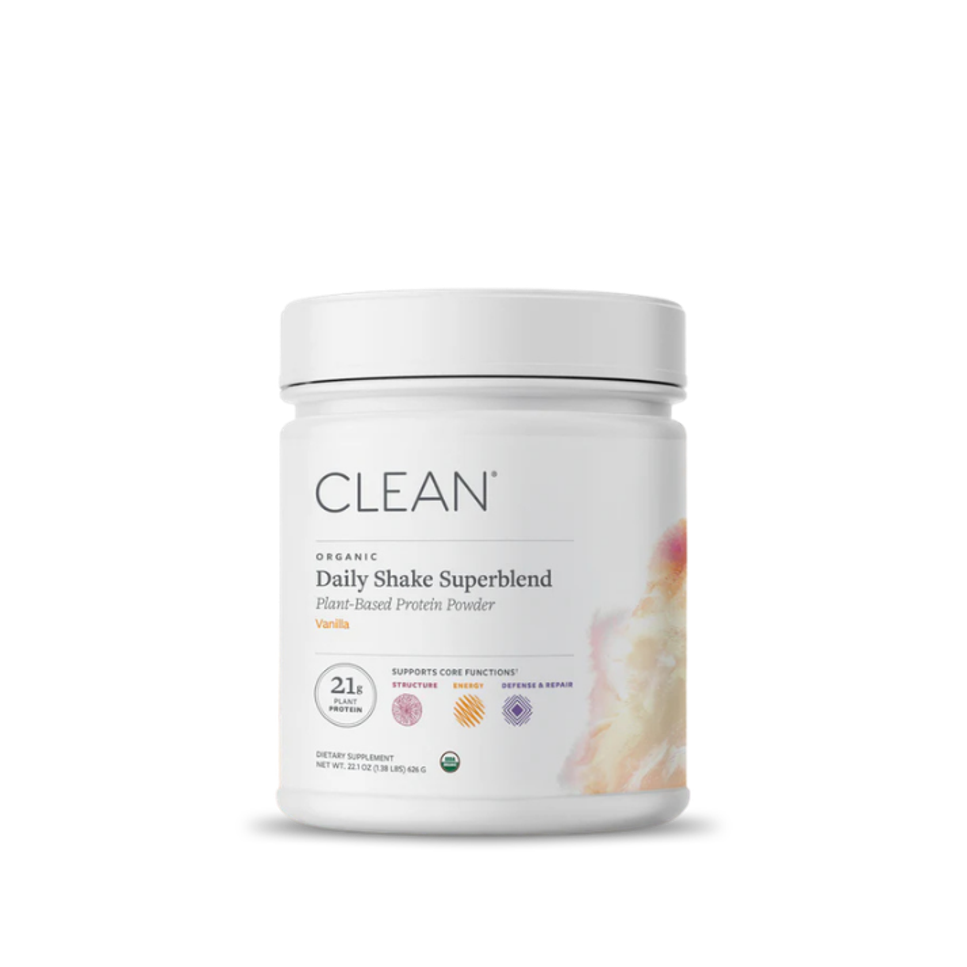 White tub of CLEAN Organic Daily Shake Superblend Vanilla Plant-Based Protein Powder.