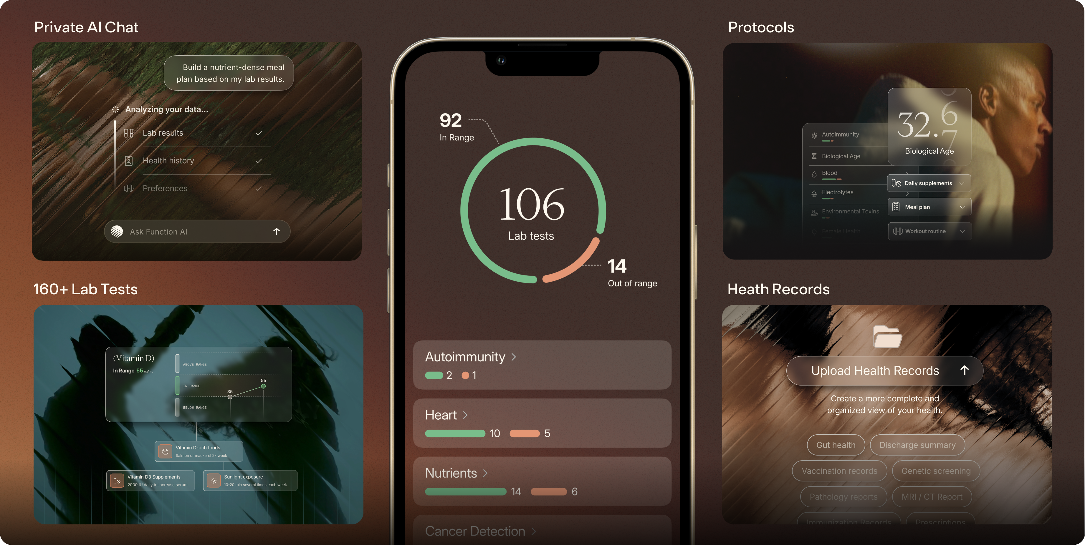 Health app interface featuring panels for AI chat, lab test results on a phone screen, biological age tracking, and health record uploads.