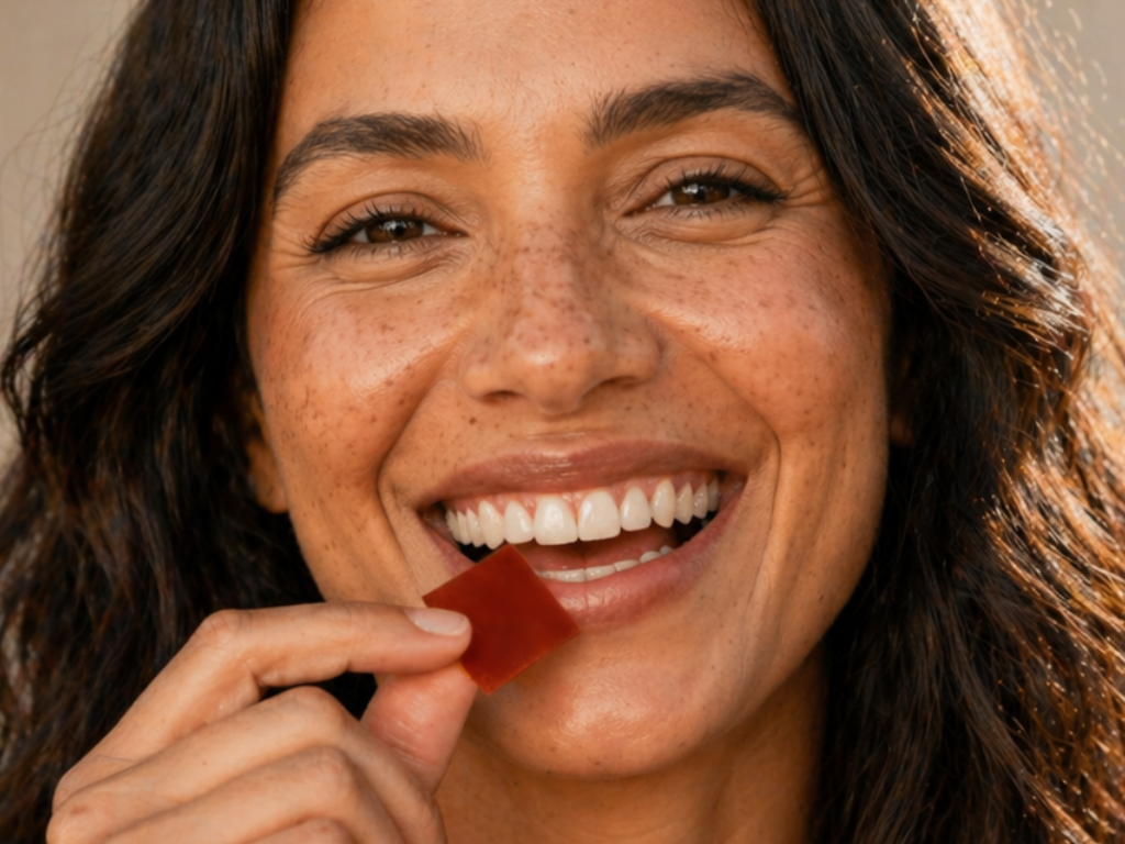 A smiling woman holding a red square chewable to her mouth.