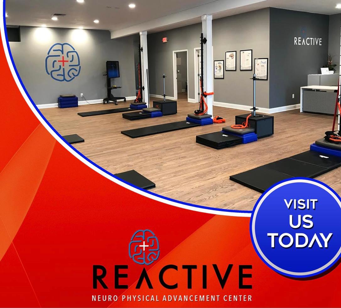 Interior of the REACTIVE Neuro Physical Advancement Center gym with exercise equipment and a 'Visit Us Today' call to action.