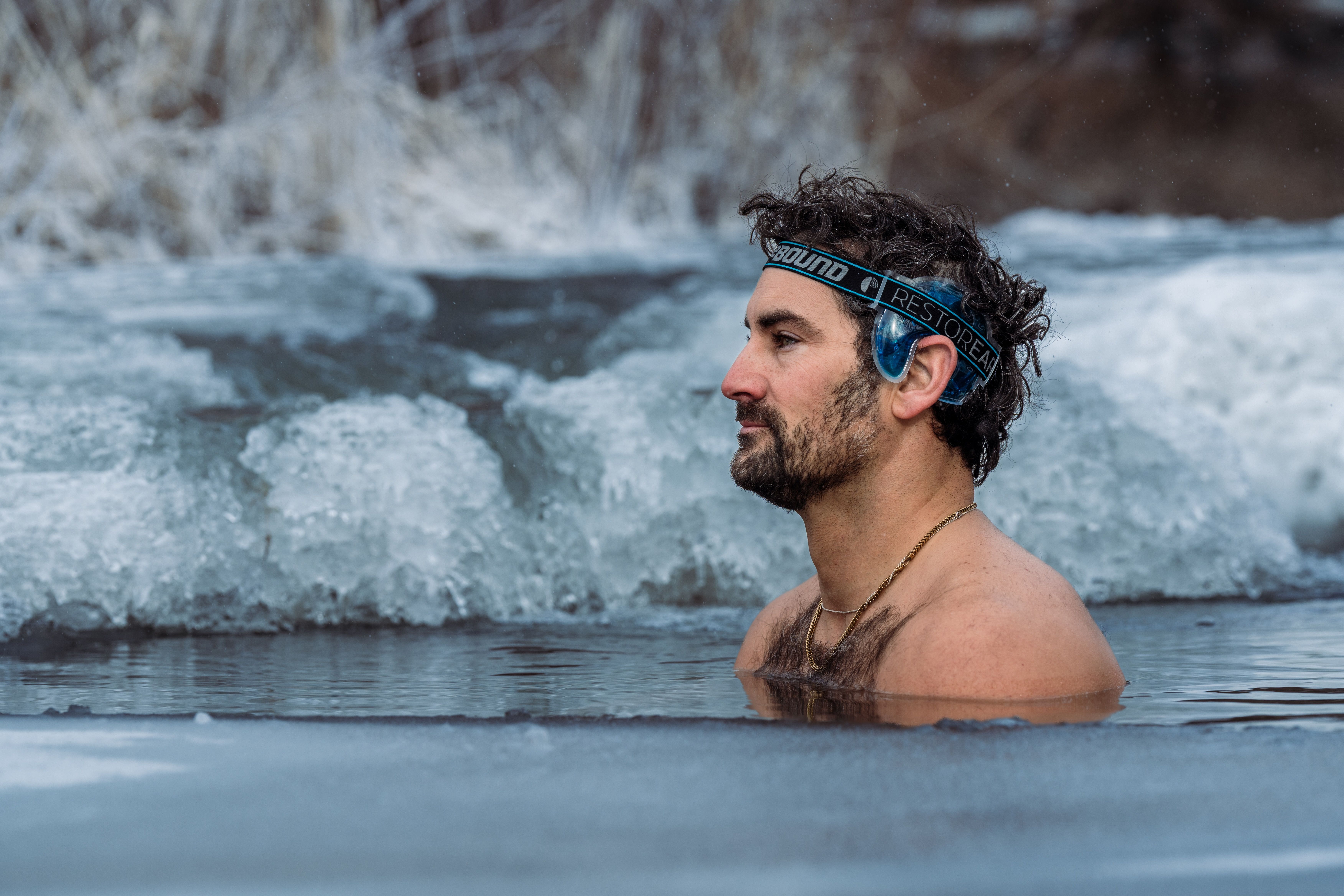 Man with a beard and ear covers submerged in icy water.