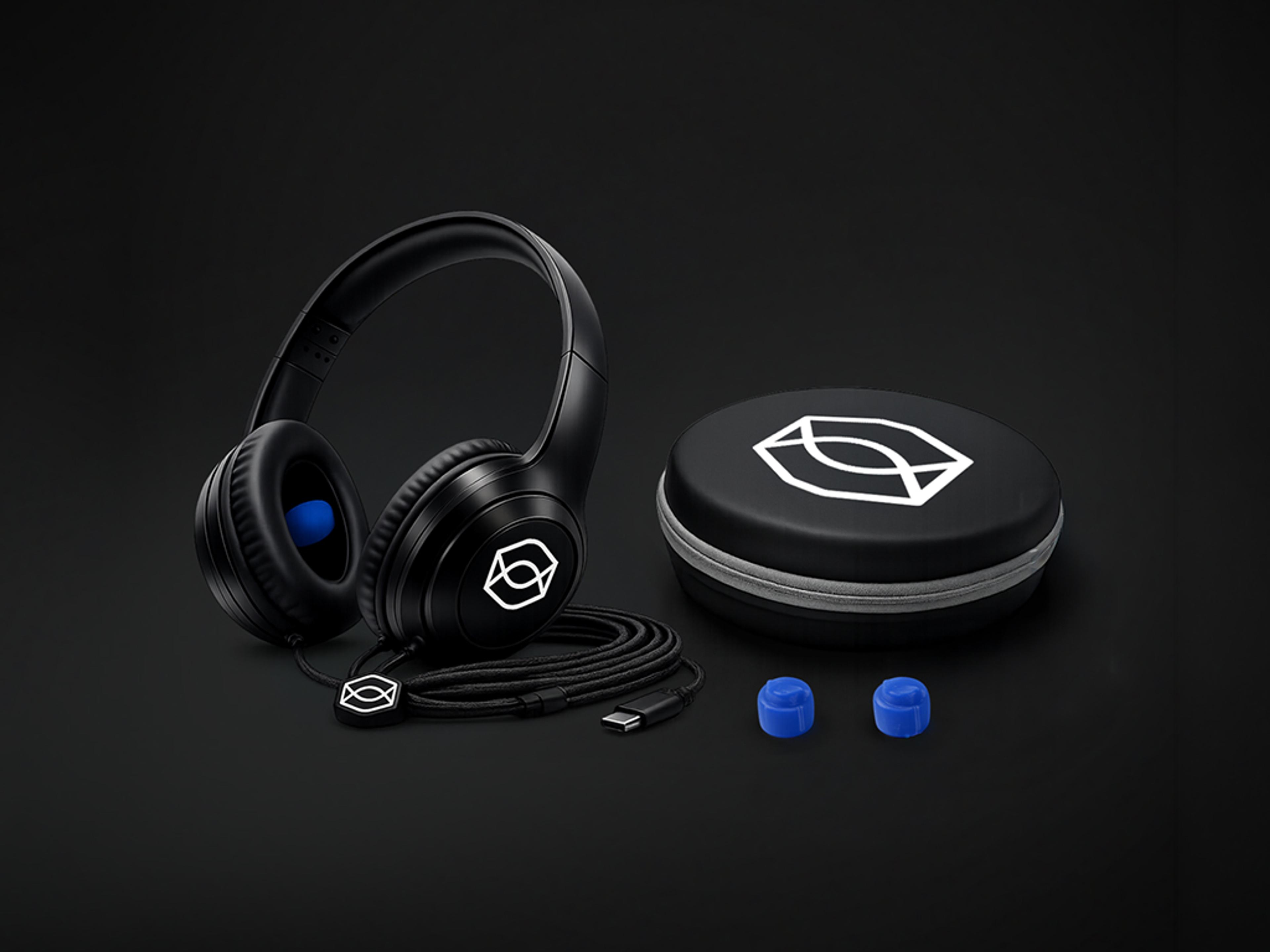 Black over-ear headphones with blue accents, a carrying case, coiled cable, and two blue ear tips, all branded with a white logo.