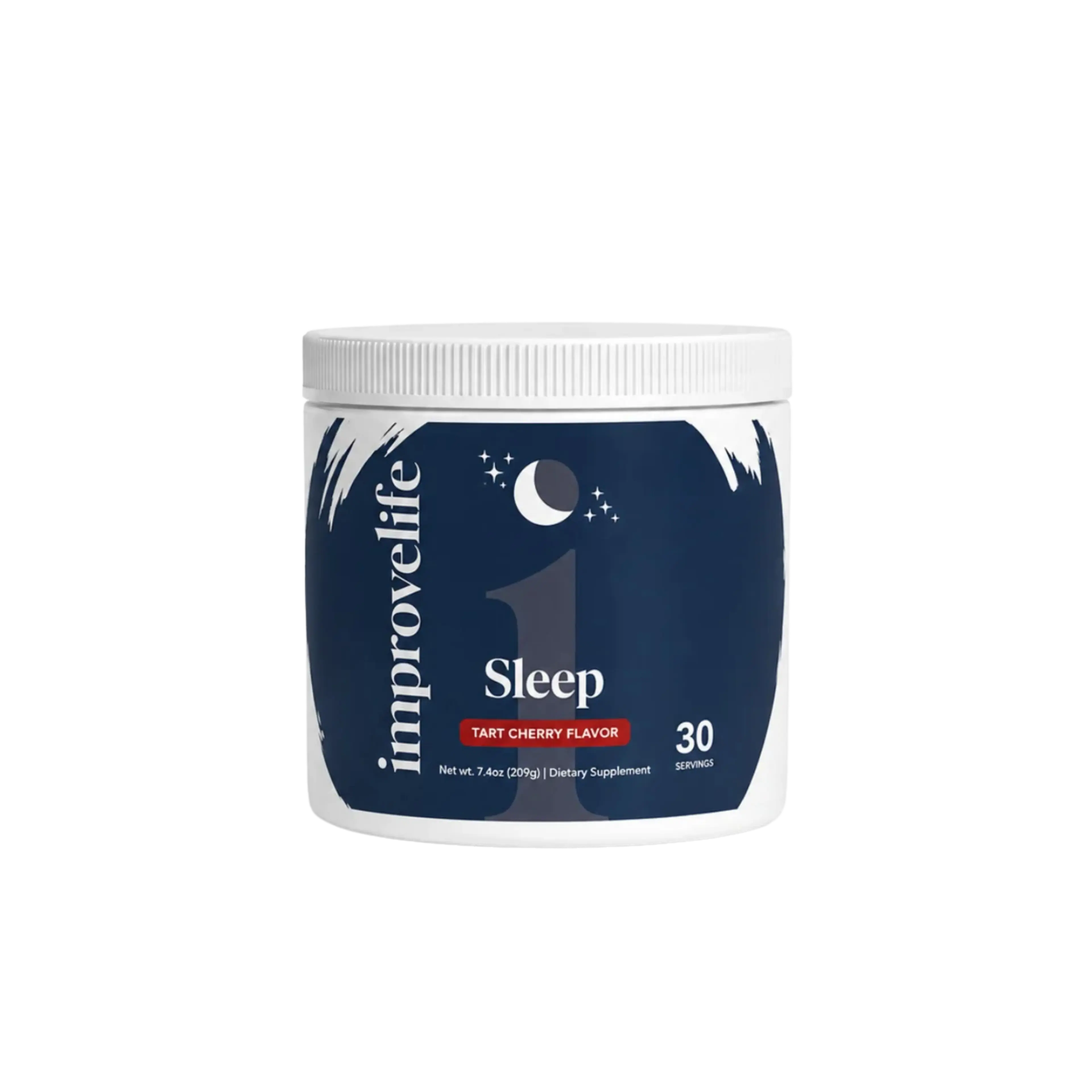 White tub of ImproveLife 1 Sleep Tart Cherry Flavor dietary supplement with 30 servings.