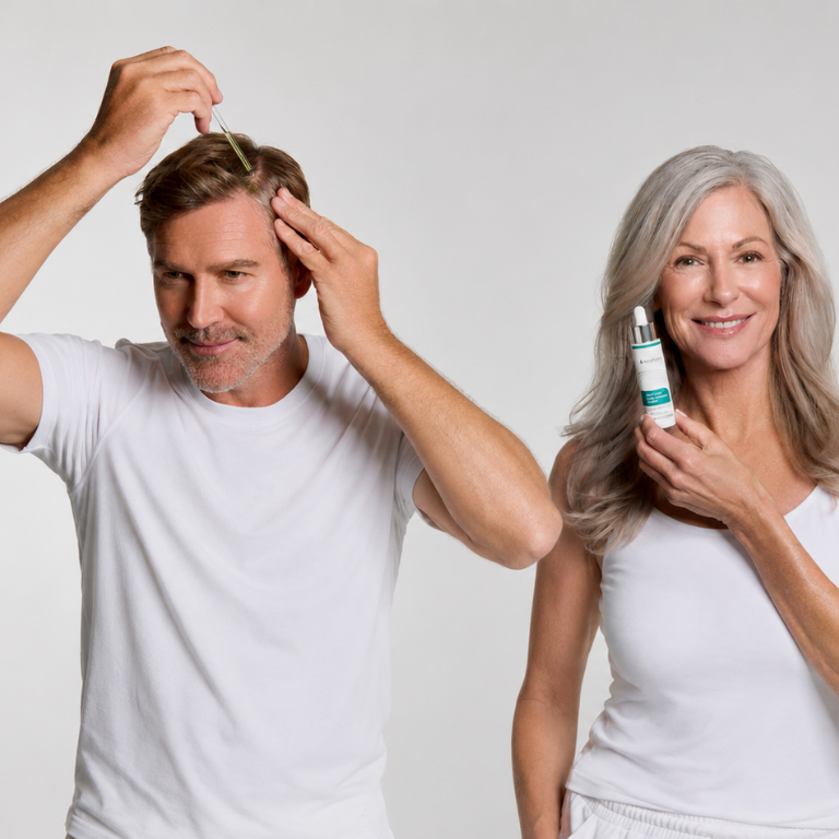 Man applying hair serum to his scalp with a dropper, woman holding the product and smiling.