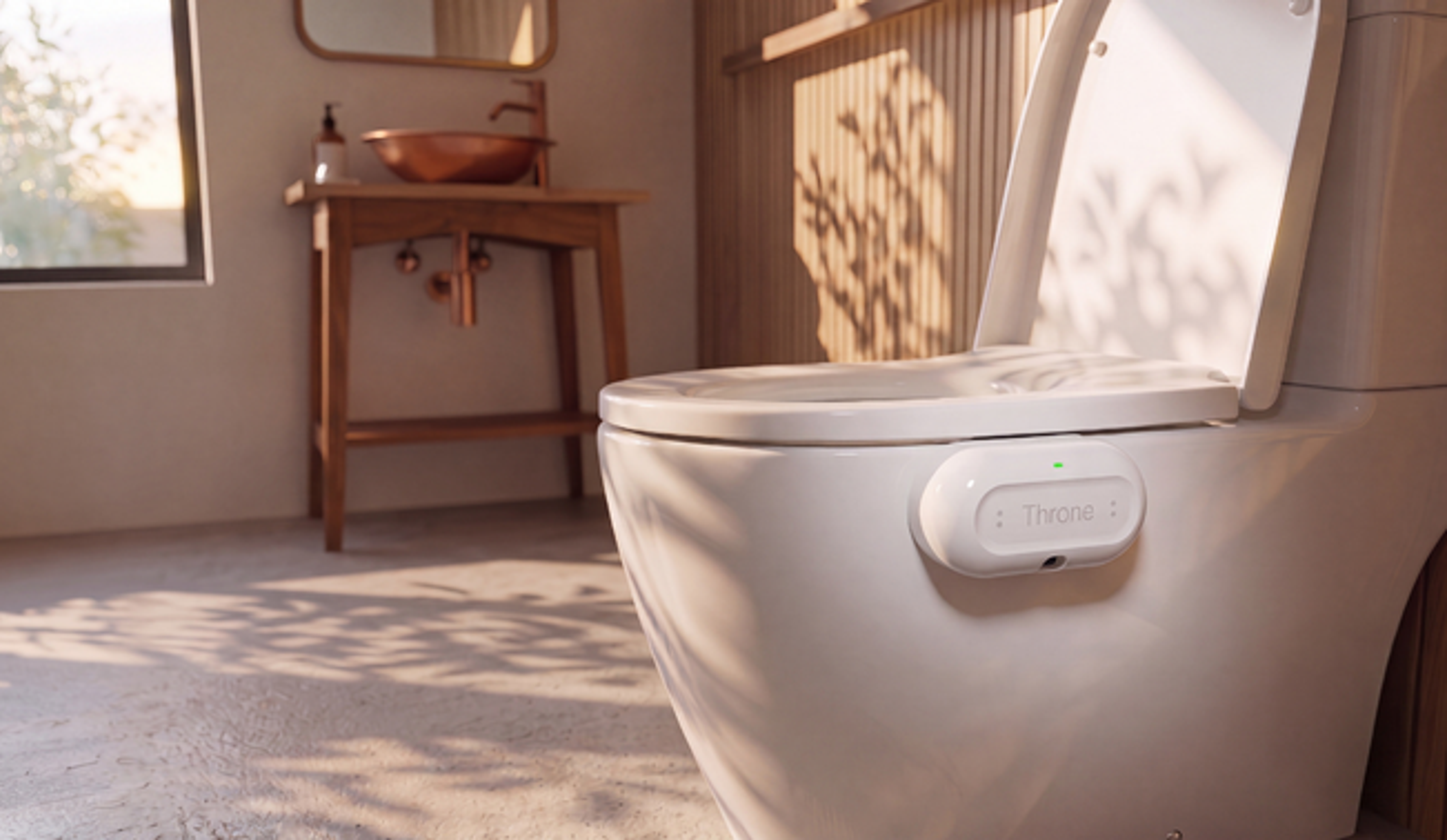 A white toilet with a "Throne" smart device attached, in a sunlit modern bathroom.