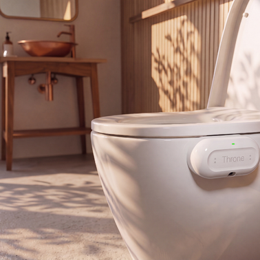 A white toilet with a "Throne" smart device attached, in a sunlit modern bathroom.