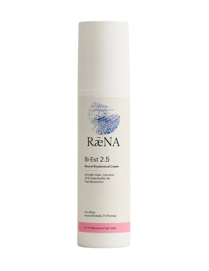 White bottle of RaENA Bi-Est 2.5 Natural Bioidentical Cream.