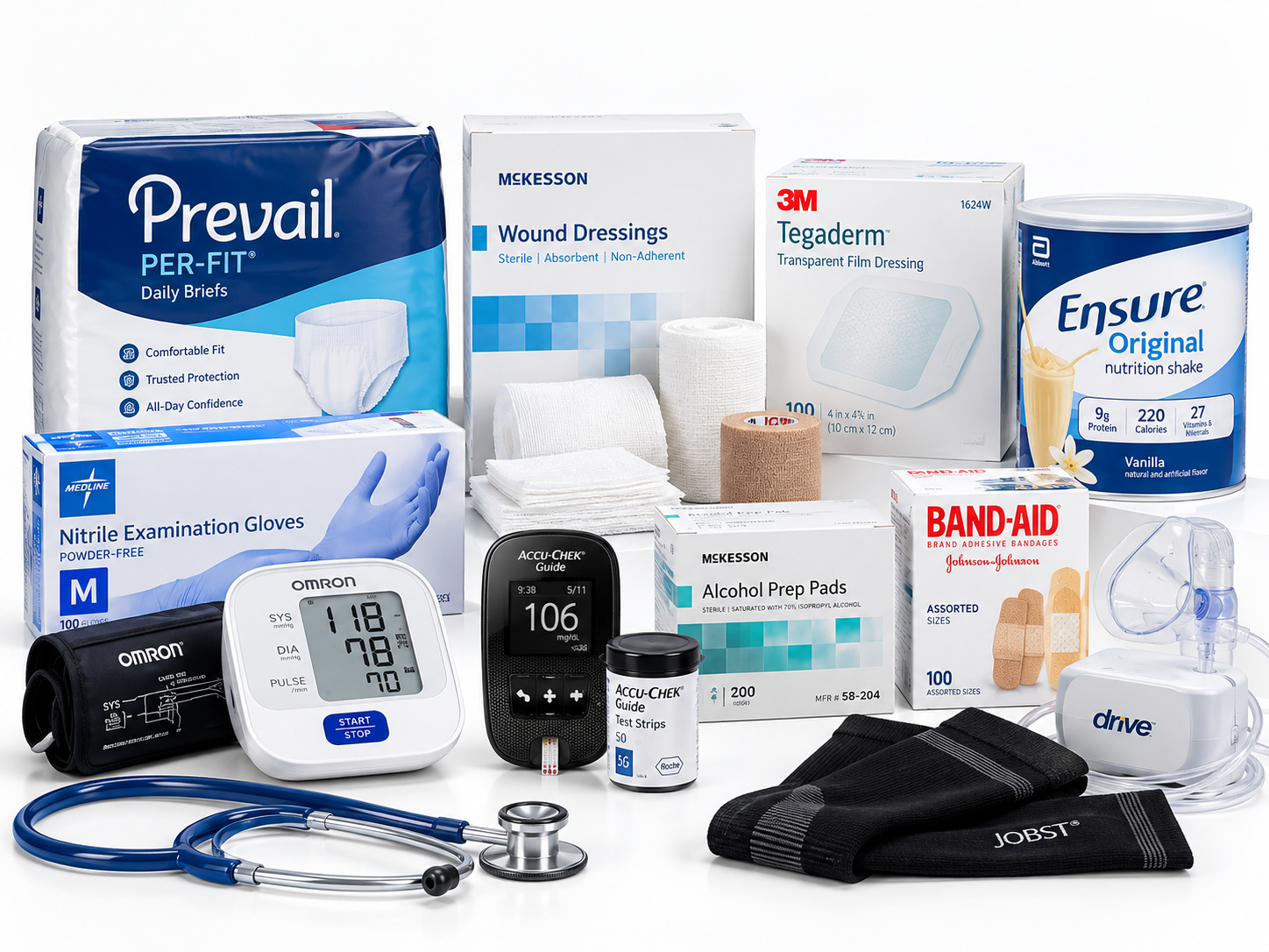 A collection of various home healthcare supplies, including a blood pressure monitor, glucose meter, stethoscope, adult briefs, bandages, gloves, wound dressings, a nutritional shake, and compression socks.