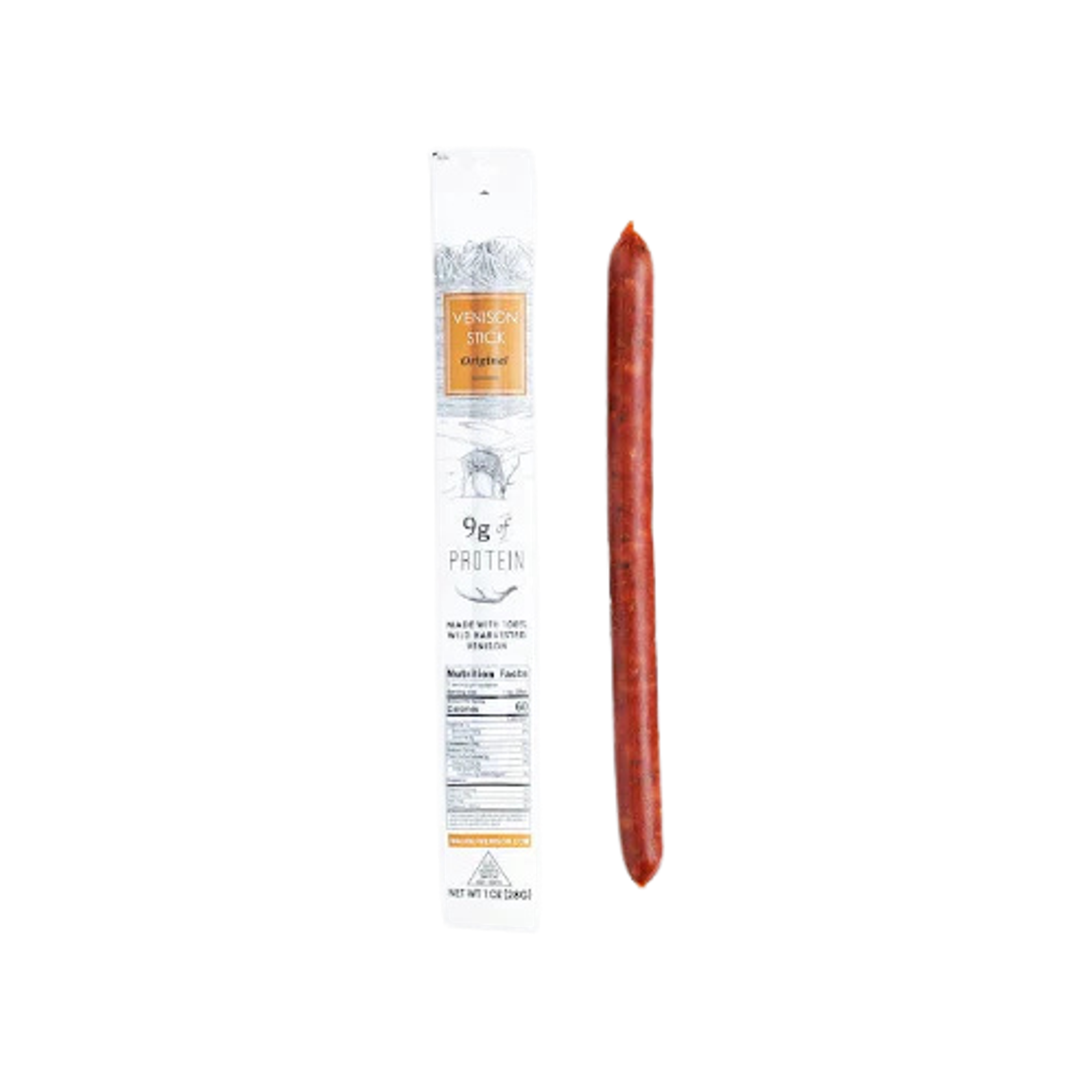 Packaged and unwrapped "Original" venison stick with "9g protein" visible on the wrapper.