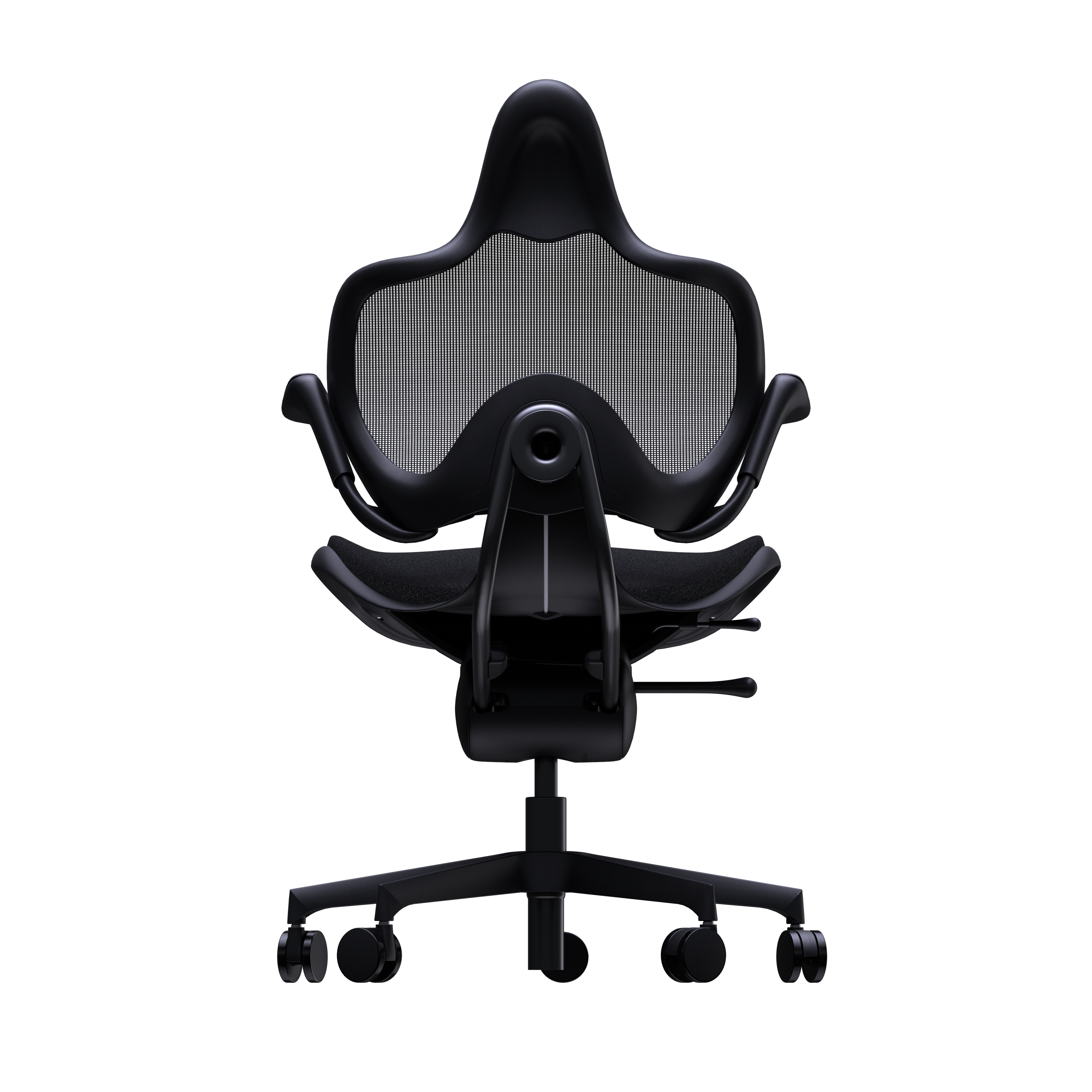 MOOVLAB'S Black ergonomic office chair with mesh back, fabric seat, and armrests.