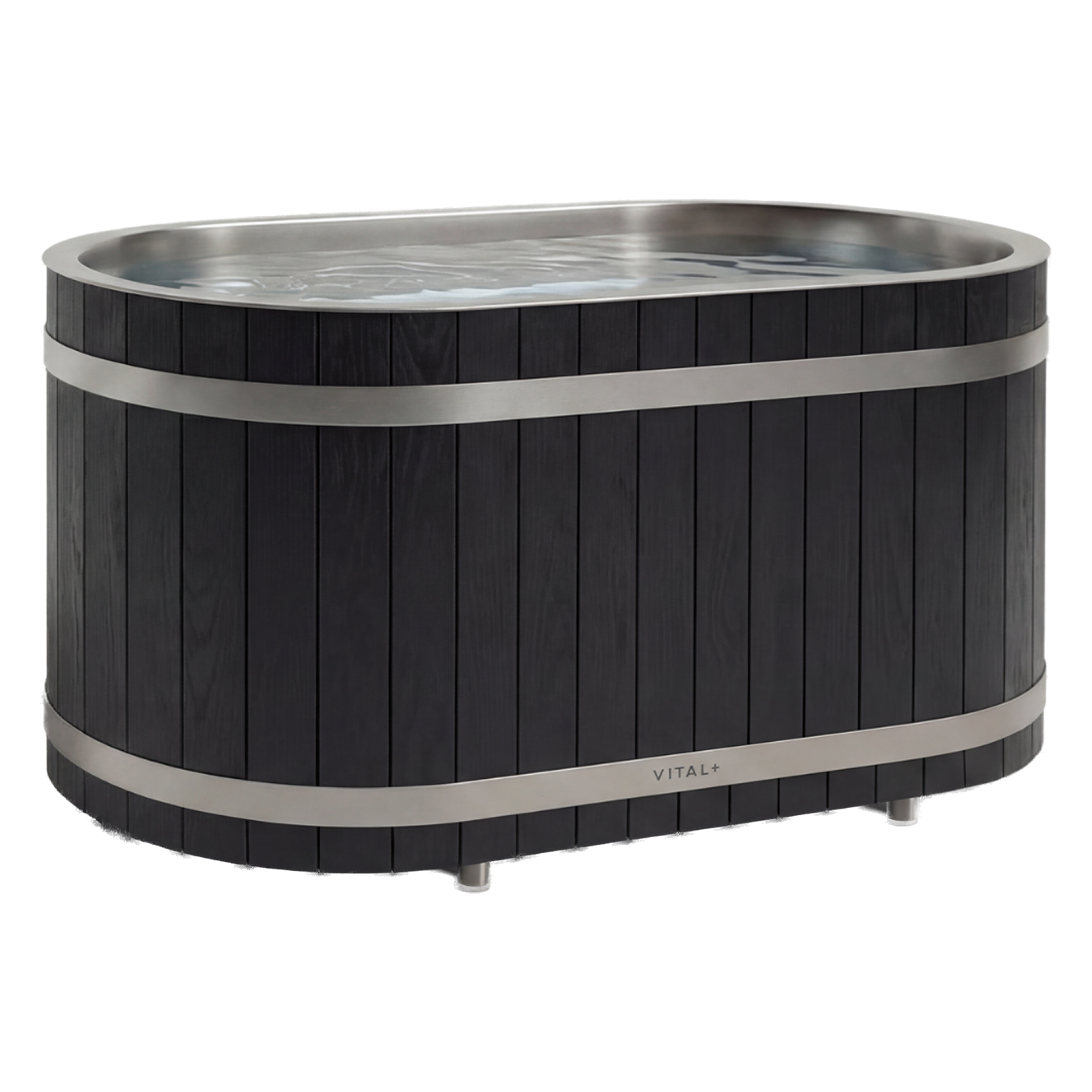 An oval dark wood ice bath with two silver bands, filled with water.