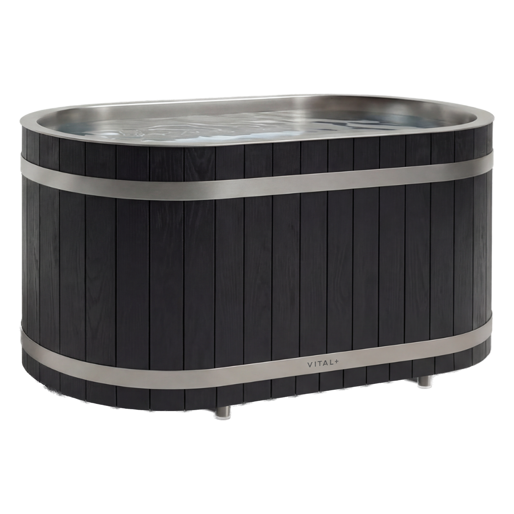 An oval dark wood ice bath with two silver bands, filled with water.