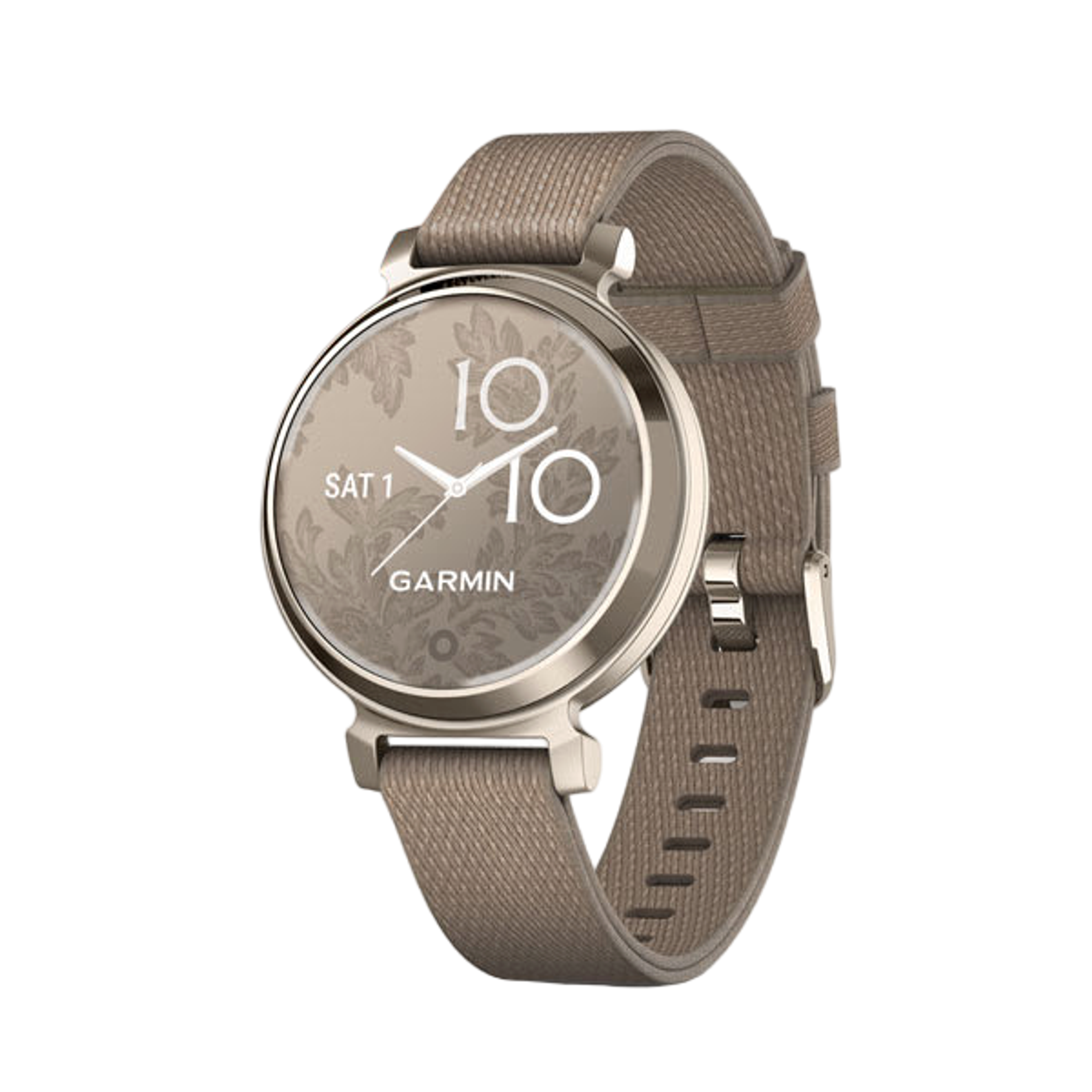 Garmin Lily 2 Classic smartwatch in cream gold with coffee nylon band