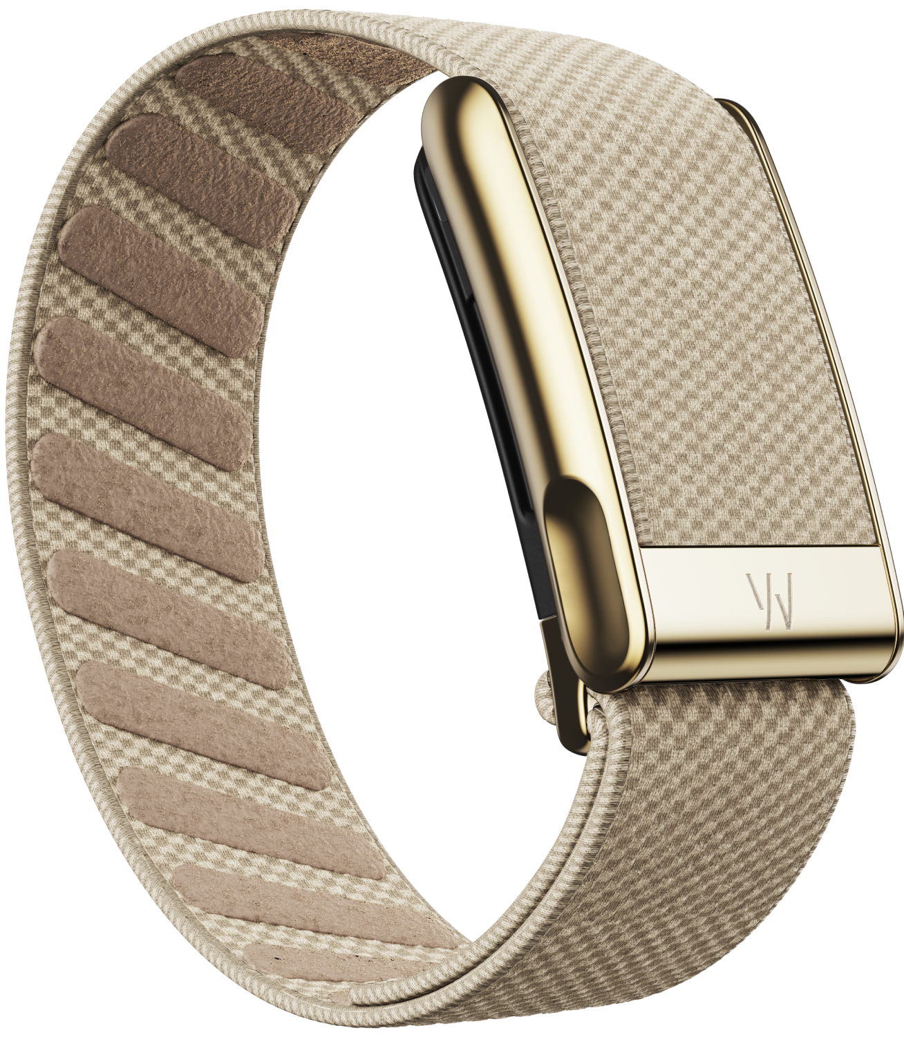 WHOOP 5.0 MG in the Dune SuperKnit Luxe strap with a gold clasp.