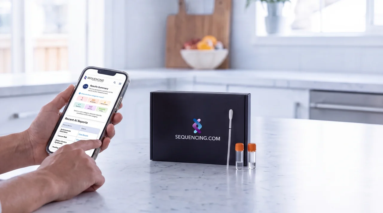 A person's hands hold a smartphone displaying DNA test results, beside a Sequencing.com kit with a swab and vials on a kitchen counter.