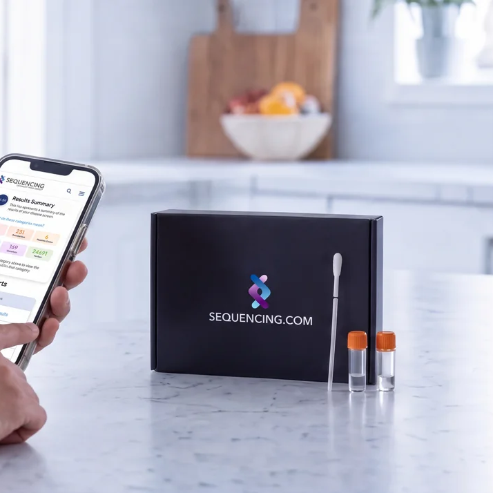 A person's hands hold a smartphone displaying DNA test results, beside a Sequencing.com kit with a swab and vials on a kitchen counter.