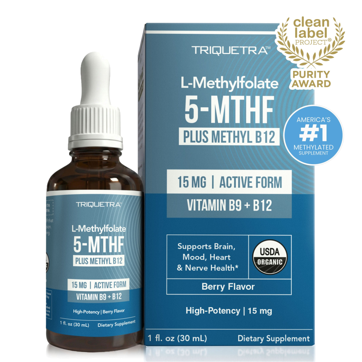 Triquetra L-Methylfolate 5-MTHF Plus Methyl B12 liquid supplement bottle and box, labeled 'America's #1 Methylated Supplement' and 'Purity Award'.