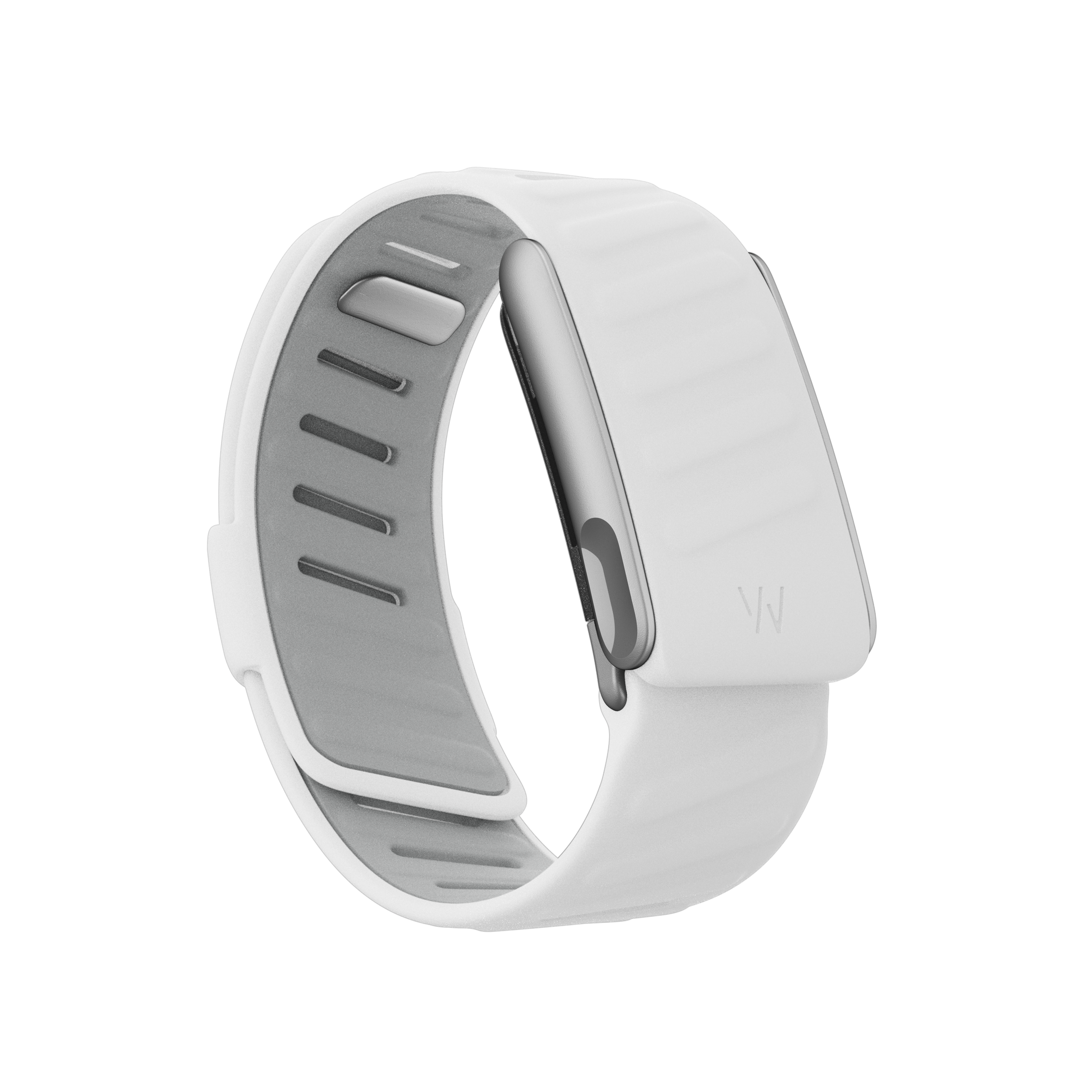 WHOOP 5.0 MG in the Charge strap, in white.