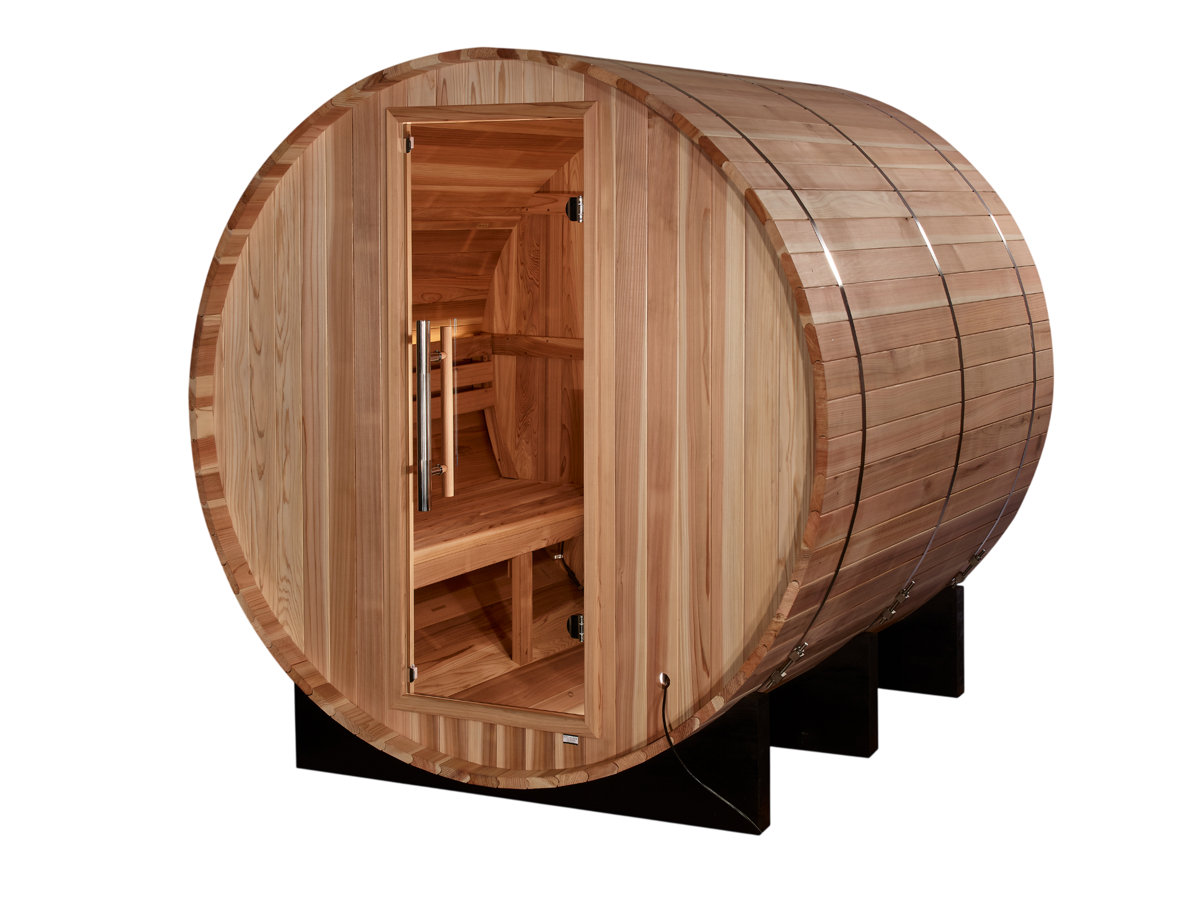 Wooden barrel sauna with a glass door and visible interior benches on a white background.