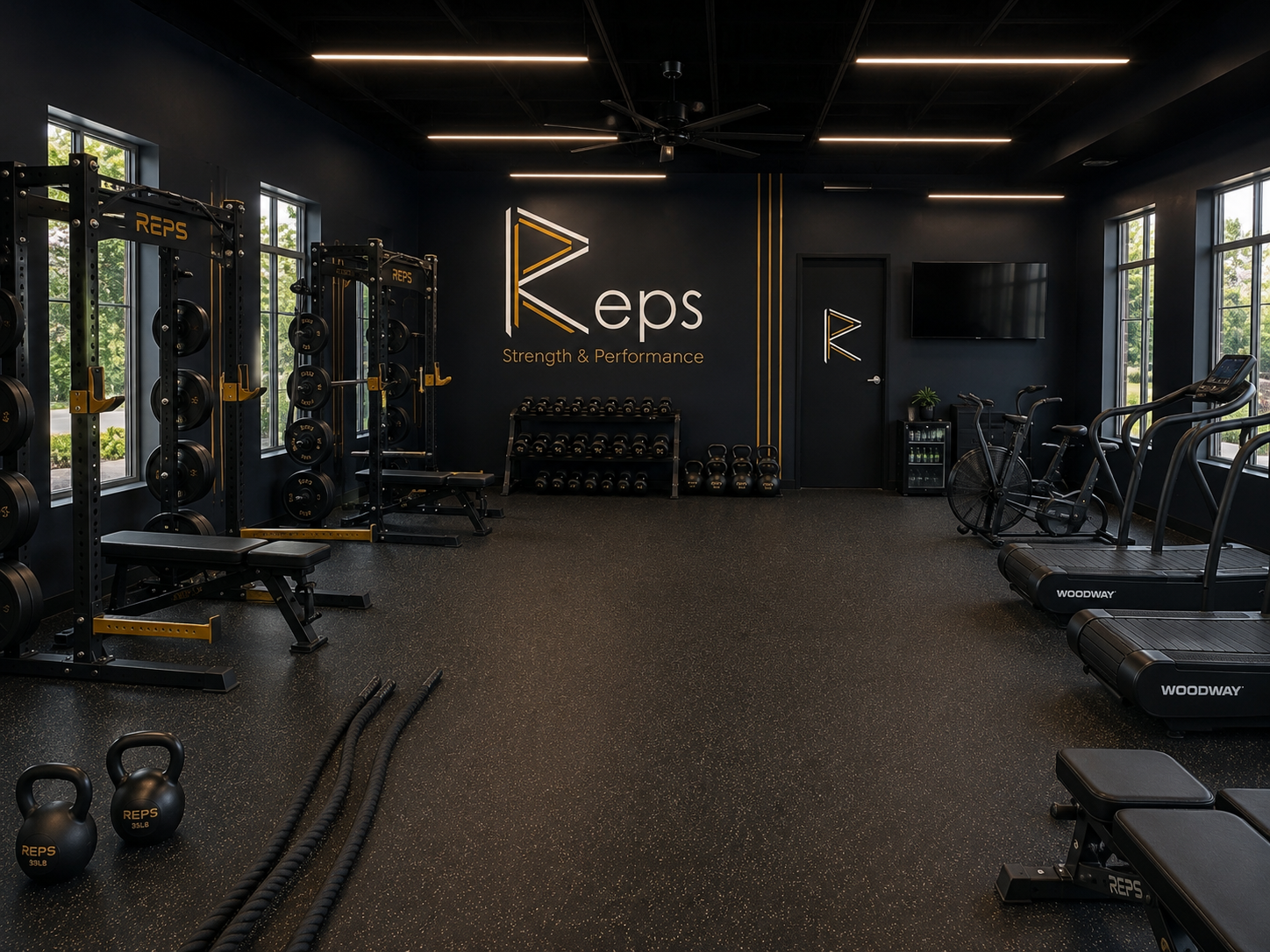 A modern gym interior with black walls, gold accents, weight racks, cardio machines, and a "Reps Strength & Performance" logo.