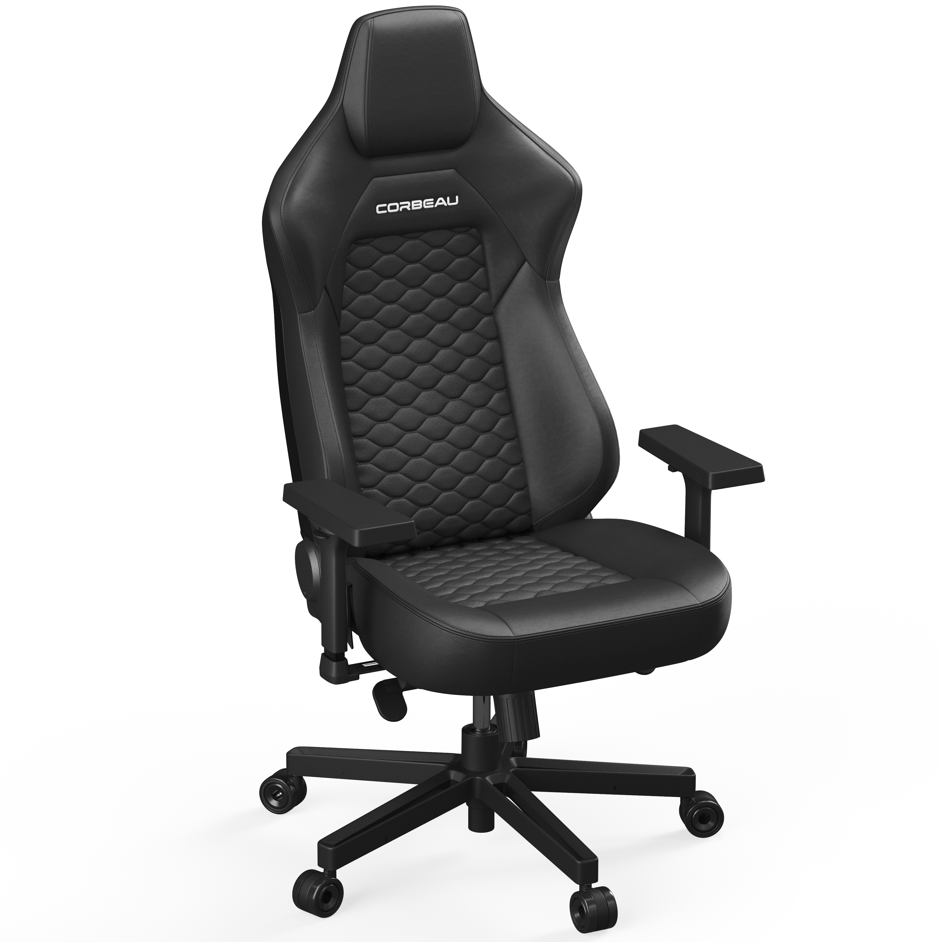 Black CORBEAU gaming chair with a quilted pattern.